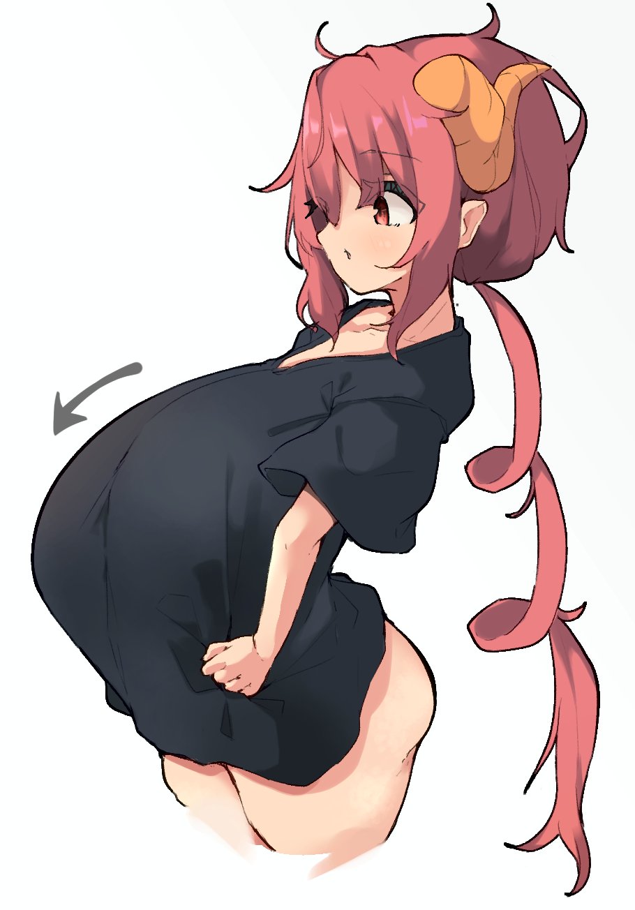 1girls, big breasts, breasts, eyebrows visible through hair, female, female only, horns, ilulu (dragon maid), light skin, light-skinned female, miss kobayashi's dragon maid, red eyes, red hair, shirt, shortstack, solo, spy artservice, tagme, thick thighs, voluptuous