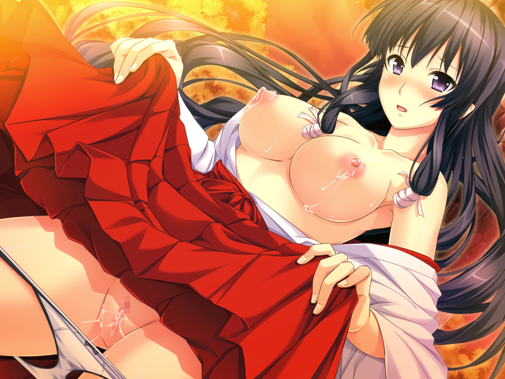 areolae black_hair blush breasts breasts_out censored evening female forest hakama highres japanese_clothes large_breasts legs long_hair looking_down marushin_(denwa0214) miko mosaic_censoring nipples no_bra open_clothes panties panty_pull purple_eyes pussy skirt skirt_lift solo standing supokon!_sports_wear_complex terashima_madoka thighs trees underwear white_panties