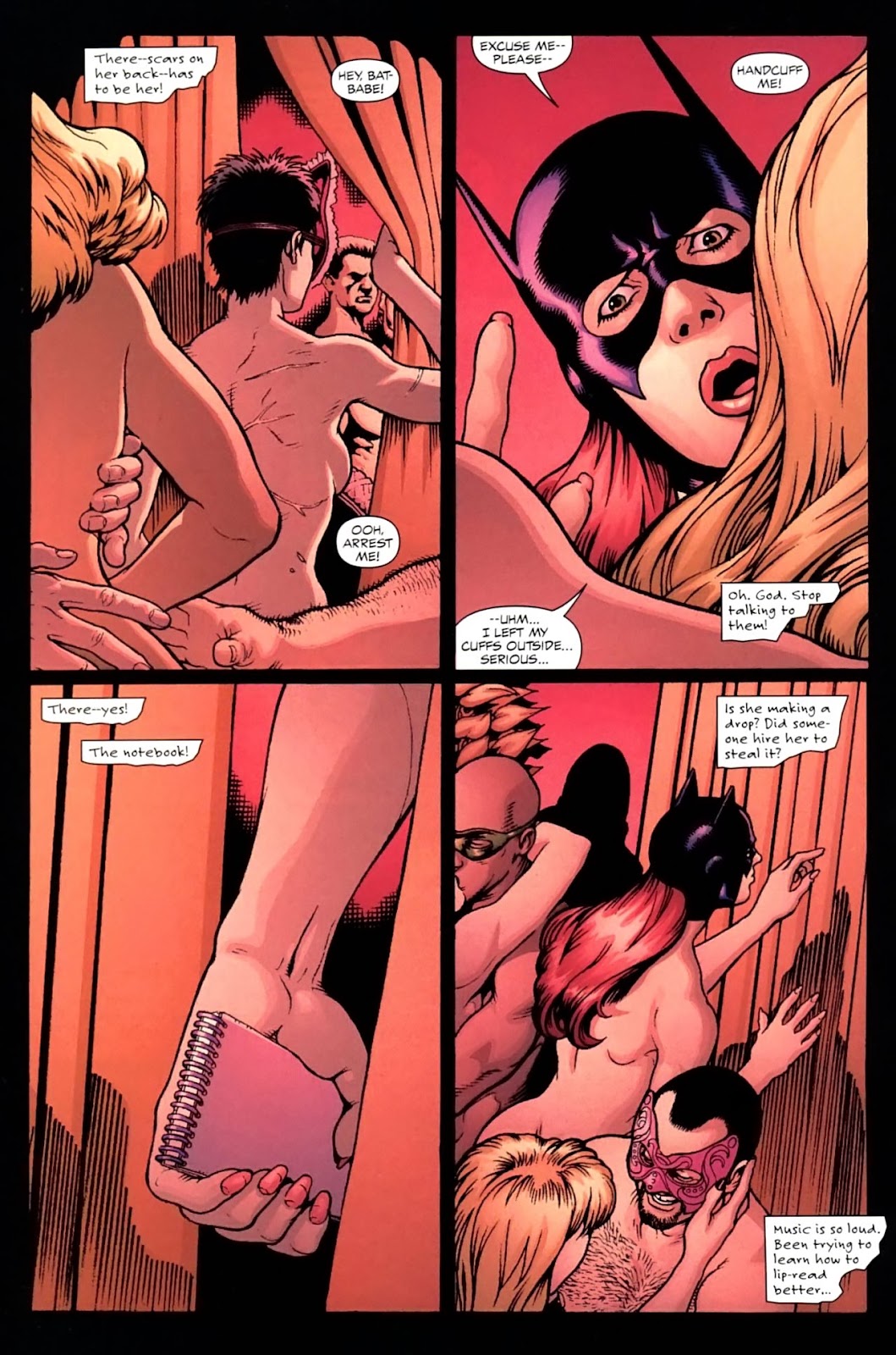 barbara_gordon batgirl batman_(series) breasts canonical_scene catwoman dc dc_comics dialogue female group kevin_maguire male mask notebook nude redhair selina_kyle sideboob speech_bubble