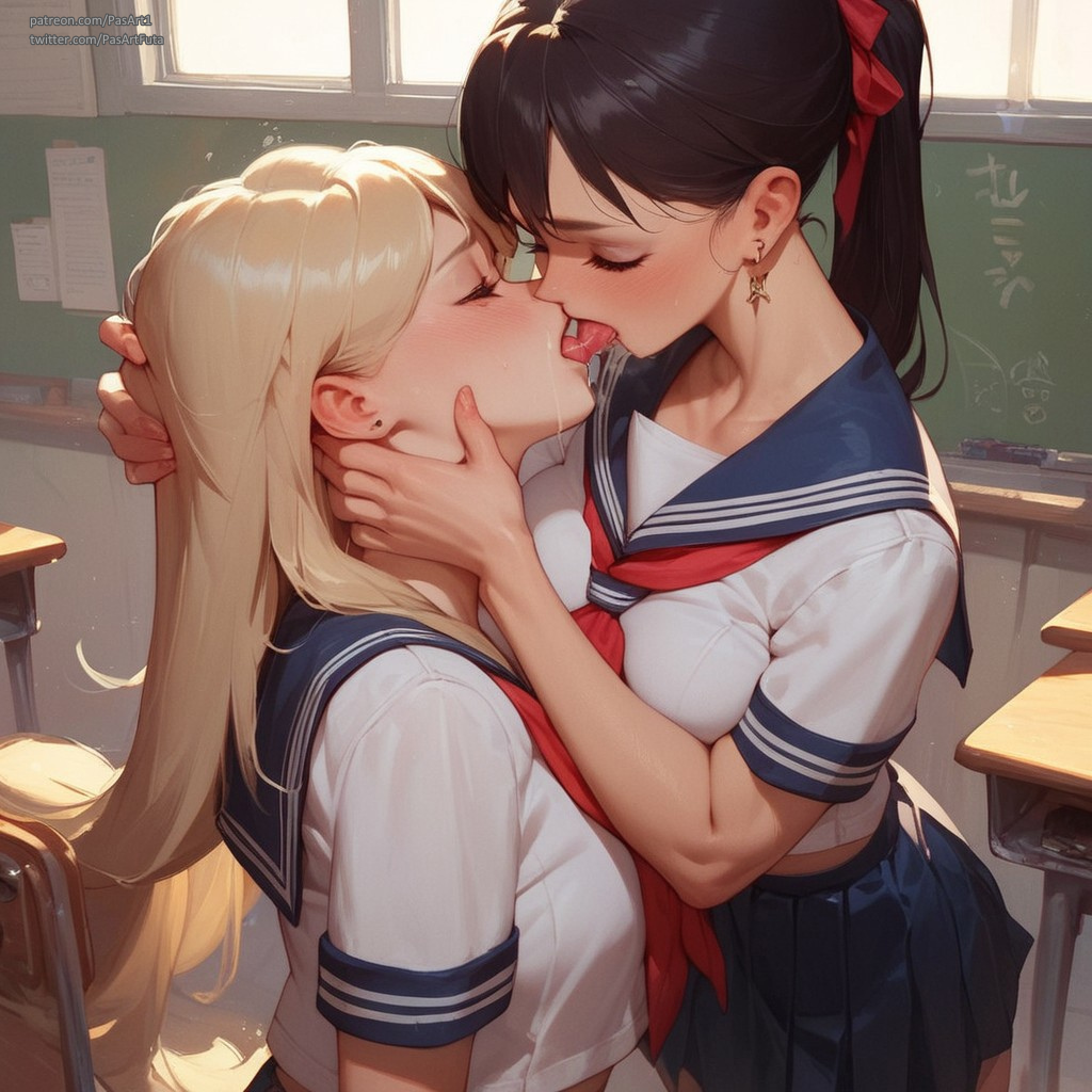 2girls ai_generated assertive_female classroom french_kiss kissing lesbian_kiss pasart saliva school_uniform schoolgirl teenage_girl yuri