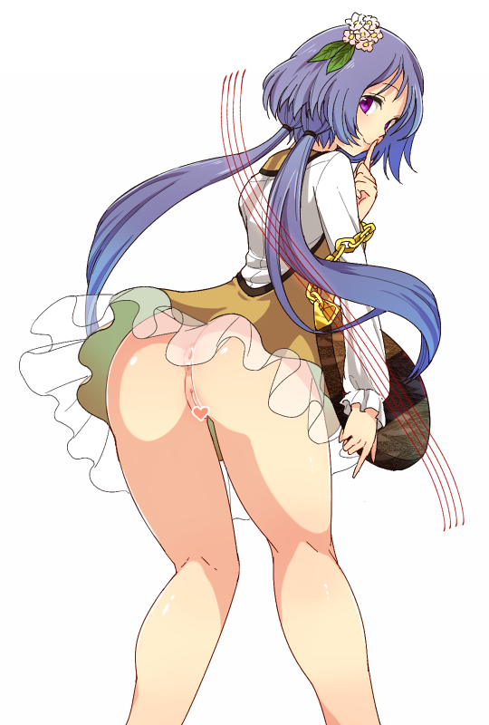 anus ass benben_tsukumo bent_over biwa_lute censored chains dress female finger_to_mouth flower from_behind hair_flower hair_ornament heart heart_censor instrument lavender_hair long_hair long_sleeves looking_back low_twintails lute_(instrument) no_panties purple_eyes pussy simple_background smile solo tied_hair touhou twintails urin white_background