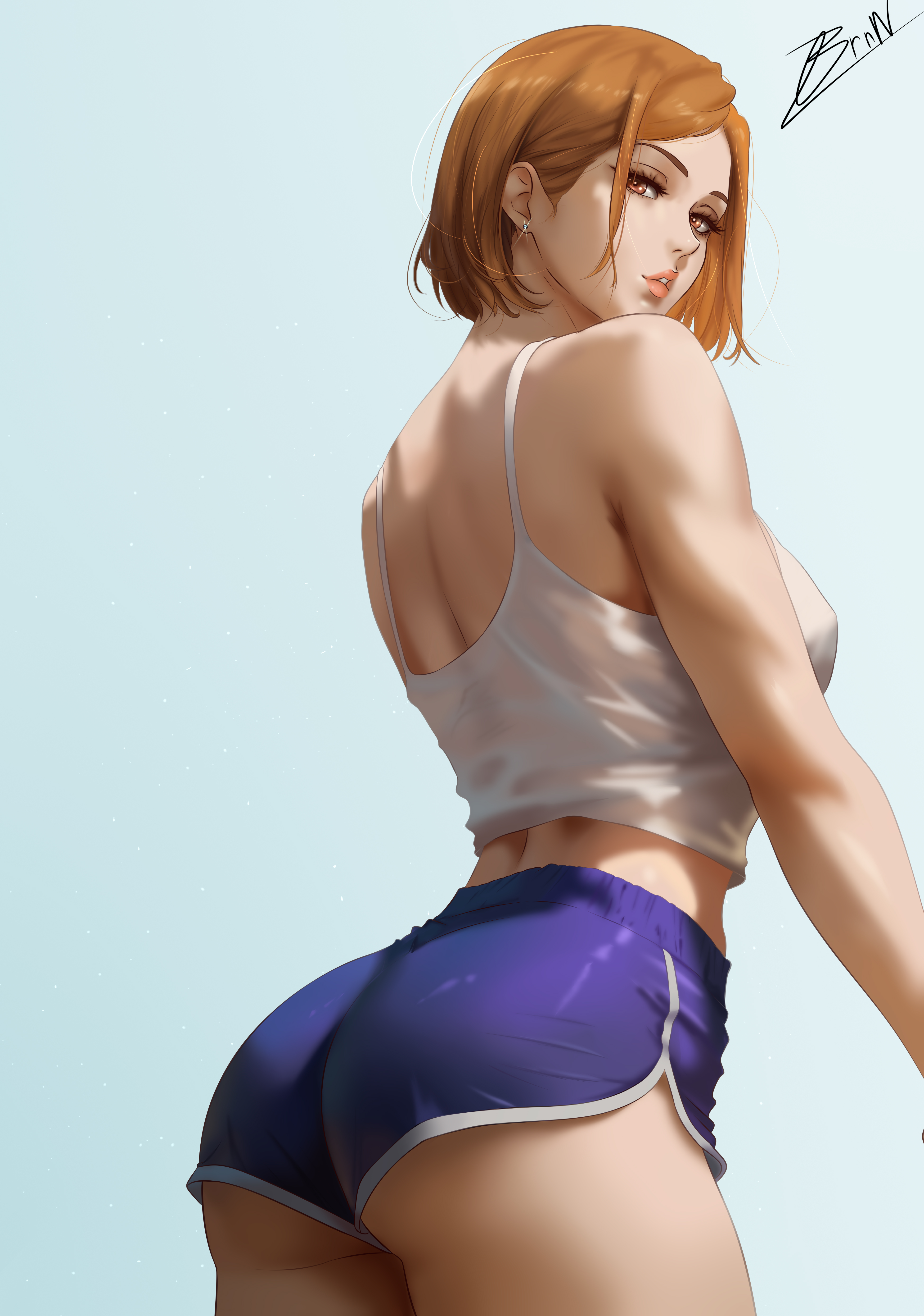 1girls, absurdres, ass, blue background, blue shorts, breasts, brnn, brown eyes, brown hair, camisole, commentary, dolphin shorts, earrings, female, female only, highres, jewelry, jujutsu kaisen, kugisaki nobara, large breasts, looking at viewer, orange hair, orange-haired female, parted lips, short hair, shorts, signature, solo, white camisole