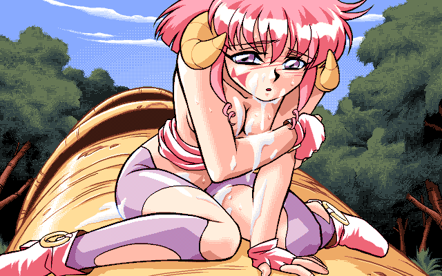 90s after_sex blush boots breasts cleavage cum cum_on_body cum_on_breasts facial female giga_(company) gloves horns kimura_takahiro kneeling layfang_yurifneuty open_mouth pc98 pink_hair purple_eyes short_hair shy steam_hearts tattoo