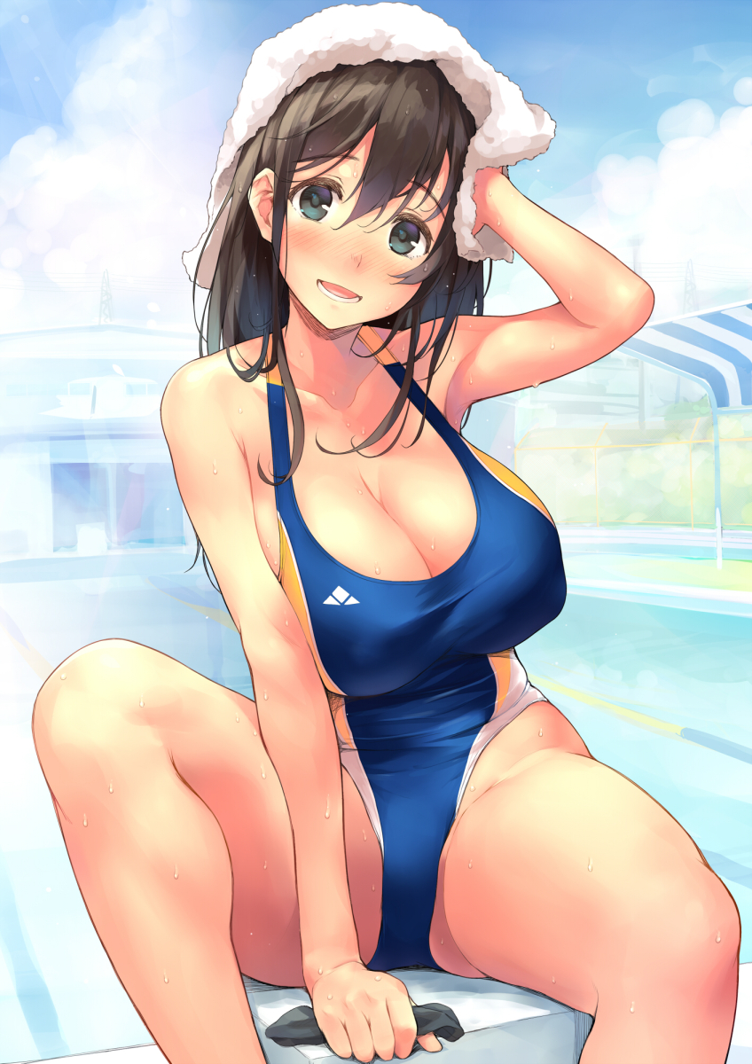 1girl 1girls big_breasts blush blushing breasts drying_hair drying_off female female_only highleg highleg_swimsuit huge_breasts kekemotsu long_hair nikuzume nipple_bulge pool sitting swimsuit towel towels wet