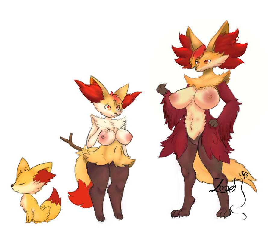 2girls age_difference anthro big_breasts black_body braixen delphox fennekin furry medium_breasts milf naked_female nipples only_female pokemon pokemon_(species) pussy red_eyes red_fur tail white_fur yellow_fur zoebanette405