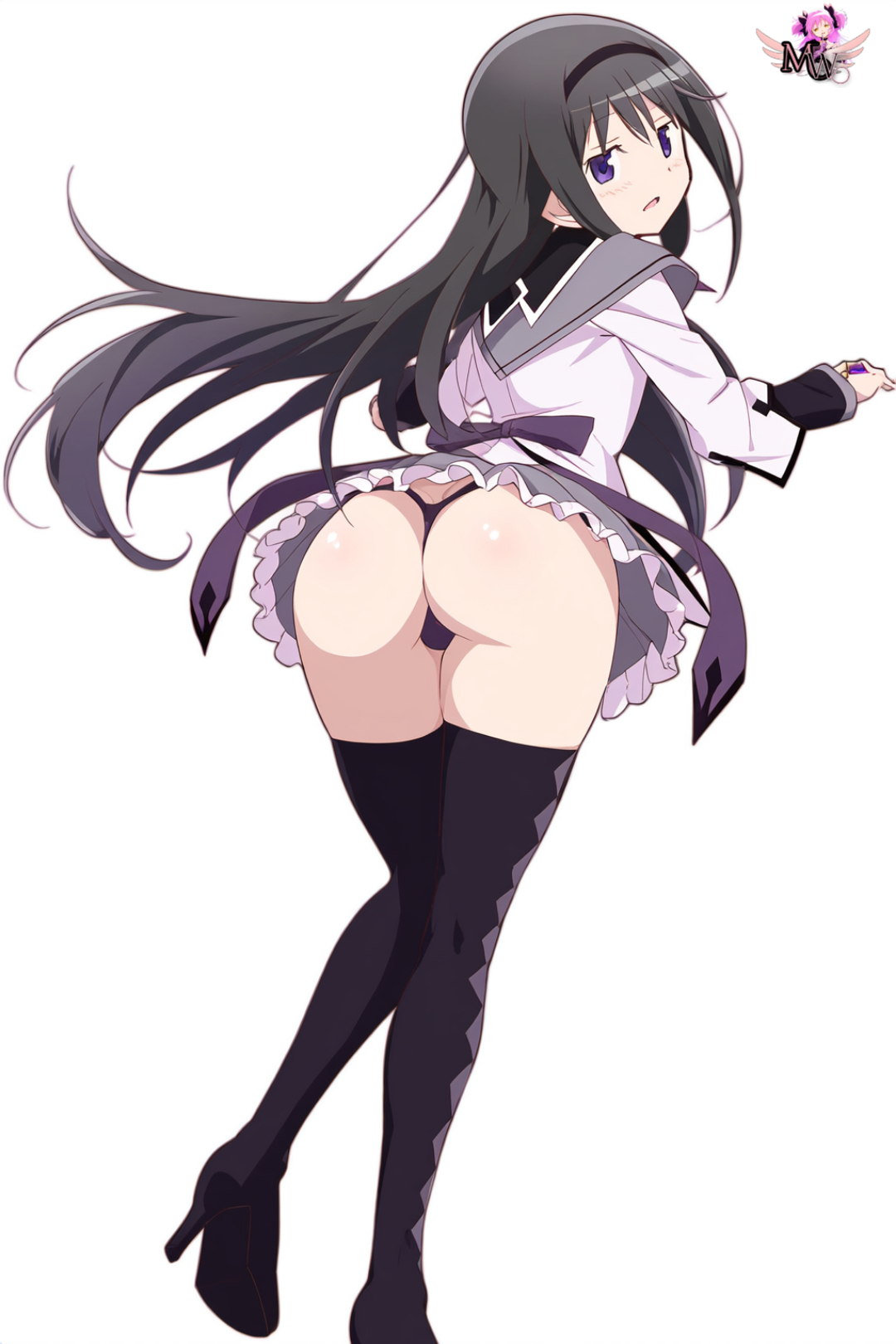 ai generated, akemi homura, artist logo, ass, ass focus, big ass, big butt, black hair, bubble ass, bubble butt, butt focus, female, high heels, long hair, looking back, looking back at viewer, madoka worship, magical girl, magical girl outfit, mahou shoujo madoka magica, puella magi madoka magica, purple eyes, ribbon, round ass, round butt, skirt lift, straight hair, thong, upskirt