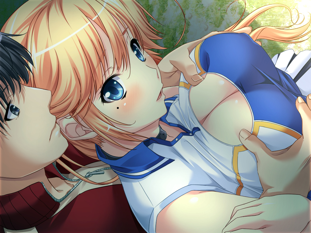 anna_belmonte blonde_hair blue_eyes blush breast_grab breasts cheerleader choker cleavage female from_above game_cg highres large_breasts long_hair looking_at_viewer marushin_(denwa0214) mole ponytail skirt standing supokon!_sports_wear_complex tied_hair