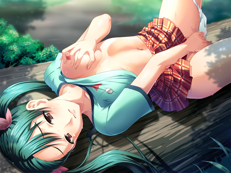 1girls abe_otoha ayakaze_ryuushou blush breast_grab breasts brown_eyes erect_nipples female fingering from_above game_cg green_hair hair_ribbon kuraki_tatari_no_mori_de long_hair looking_at_viewer lying masturbation navel nipples on_back outdoors panties panties_around_leg plaid plaid_skirt pussy_juice ribbon self_fondle shirt_lift skirt skirt_lift solo spread_legs sweat tied_hair tree twintails underwear water