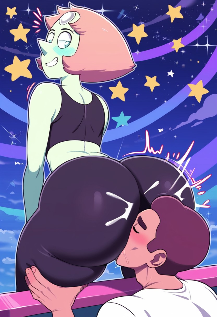 1boy 1girls ai_generated analingus analingus_through_clothes ass ass_focus ass_licking ass_worship big_ass big_butt big_hips cartoon_network face_in_ass facesitting hips licking_ass pearl_(steven_universe) steven_universe wolfiazin960(artist)