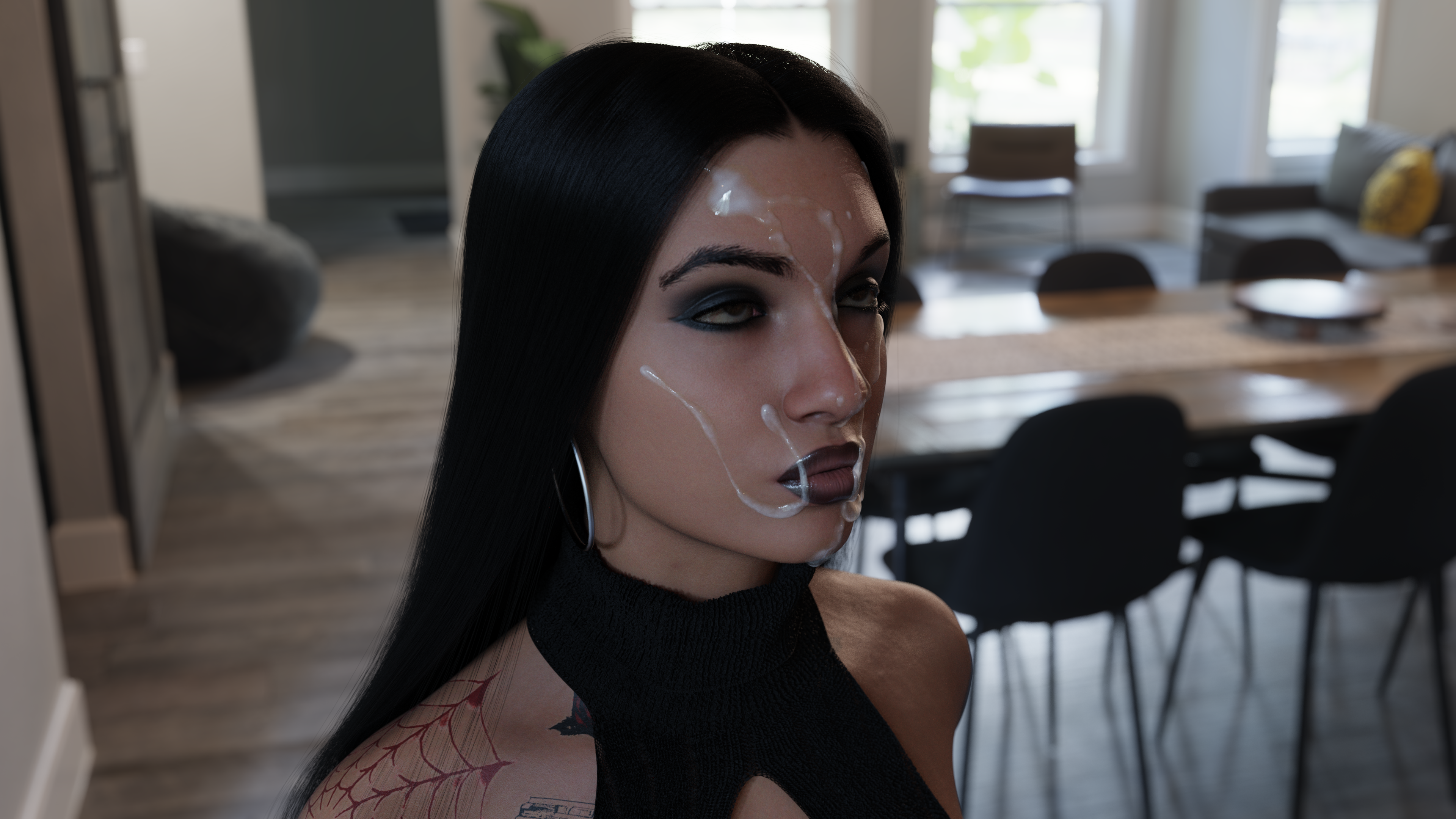 1girls, 3d, alternate hair color, alternate hairstyle, black hair, black lipstick, cum, cum on face, cumshot, cyberpunk 2077, daz studio, eyelashes, eyeshadow, facial, female, female only, goth, judy alvarez, long hair, snowchild3d, solo, straight hair, studio lights