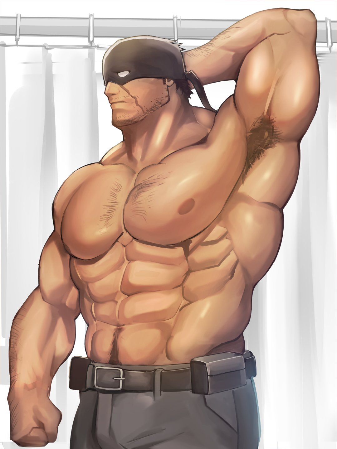 bara, big pecs, hairy, hairy armpits, iwao oguro, iwatanuki510, knuckleduster (my hero academia), male, male only, mask, masked, masked male, muscular, muscular male, my hero academia, shirtless, shirtless male, six pack, solo, vigilante: my hero academia illegals
