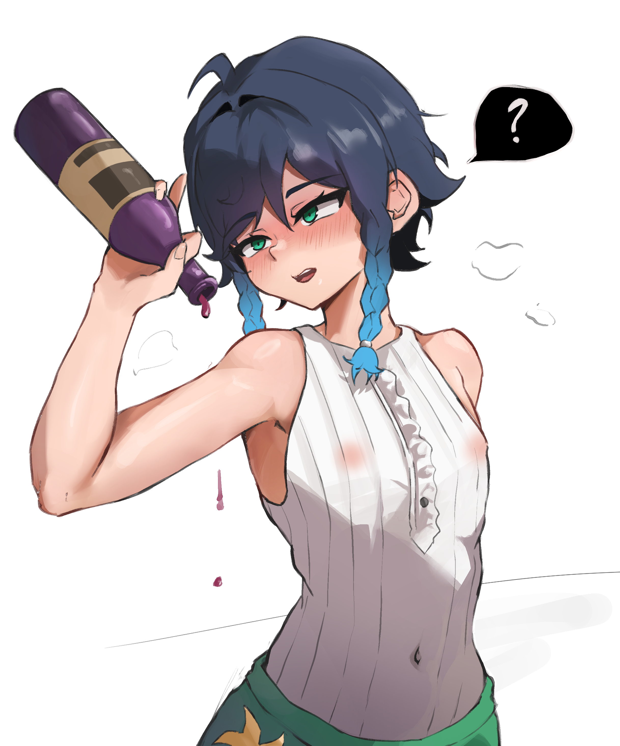 1boy, 1girls, alcohol, androgynous, female, femboy, genshin impact, girly, green eyes, male, nipples, nipples visible through clothing, otoko no ko, sayokase, solo, trap, tummy, twin braids, venti (genshin impact)