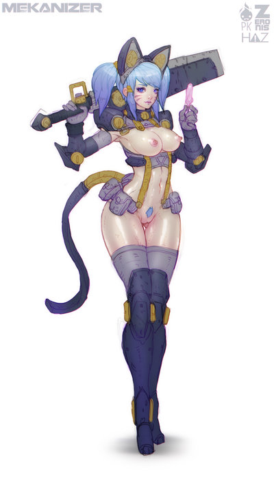 1girls animal_ears belt_pouch blue_eyes blue_hair boots breastless_clothes cat_ears elbow_gloves elbow_pads female female_only gloves huge_weapon knee_boots nipples no_panties original over_shoulder paul_kwon payot popsicle project_mekanizer pubic_hair pussy simple_background solo standing sword tail thigh_gap thighhighs tied_hair twintails uncensored weapon weapon_over_shoulder whisker_markings zeronis