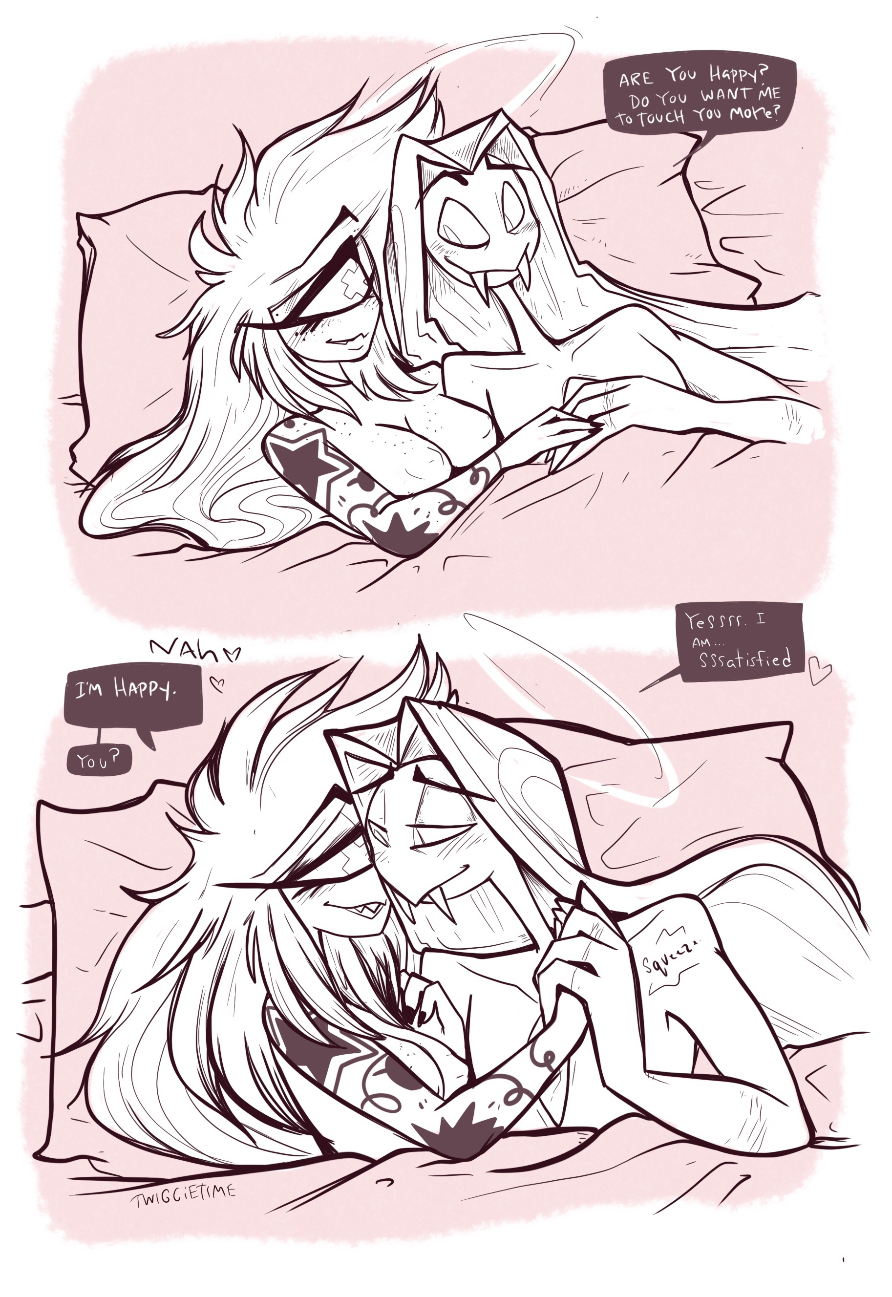 1boy, 1boy1girl, 1girls, 2025, 2d, bedding, blush, blush lines, breasts, checking on partner, cherri bomb, cherri bomb (hazbin hotel), cherrisnake, color, comic, cyclops, dialogue, english, english dialogue, english text, female, freckles, freckles on breasts, freckles on face, halo, hazbin hotel, heart, heart symbol, looking at another, male, nipples, pillow, sheets, sir pentious, sir pentious (hazbin hotel), snake, squeezing, talking to another, text, text bubble, twiggietime, vivienne medrano, watermark, wholesome