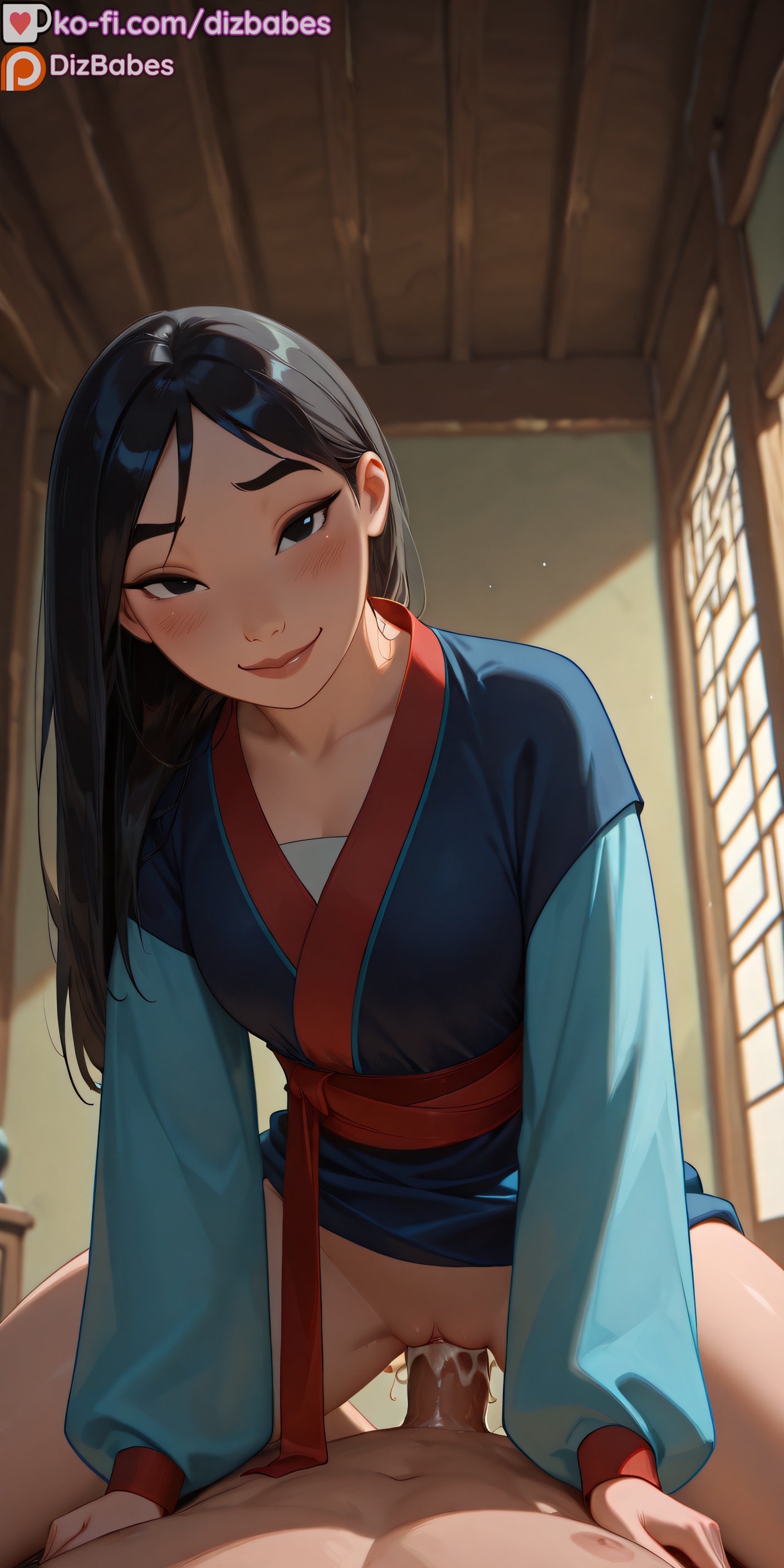 1girls, ai generated, asian female, black eyes, black hair, blush, bottomless, cowgirl position, cum, cum in pussy, cum inside, disney, disney princess, dizbabes, fa mulan, female, looking at viewer, male, mulan, partial male, pov, pov eye contact, pussy, robe, sex, smile, stable diffusion, vaginal penetration