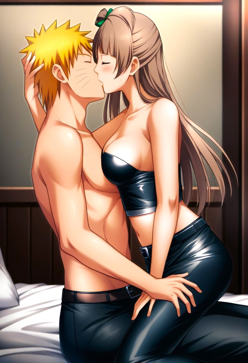 1boy 1boy1girl 1girls ai_generated anime anime_girl babe bed bedroom belt blonde_hair blush blush_lines breast_press breasts brown_hair crossover crossover_pairing crossover_ship crossover_shipping denim fantasy female green_ribbons hair_ribbon hands_on_another&#039;s_head handsome high_school high_school_student idol jeans jnbu kawaii kissing latex latex_panties long_hair_female love love_live! love_live!_school_idol_project lovely male male/female midriff minami_kotori naruto_(series) naruto_shippuden ninja novelai pillow shonen_jump slice_of_life straddling straight teenager topless topless_male uzumaki_naruto