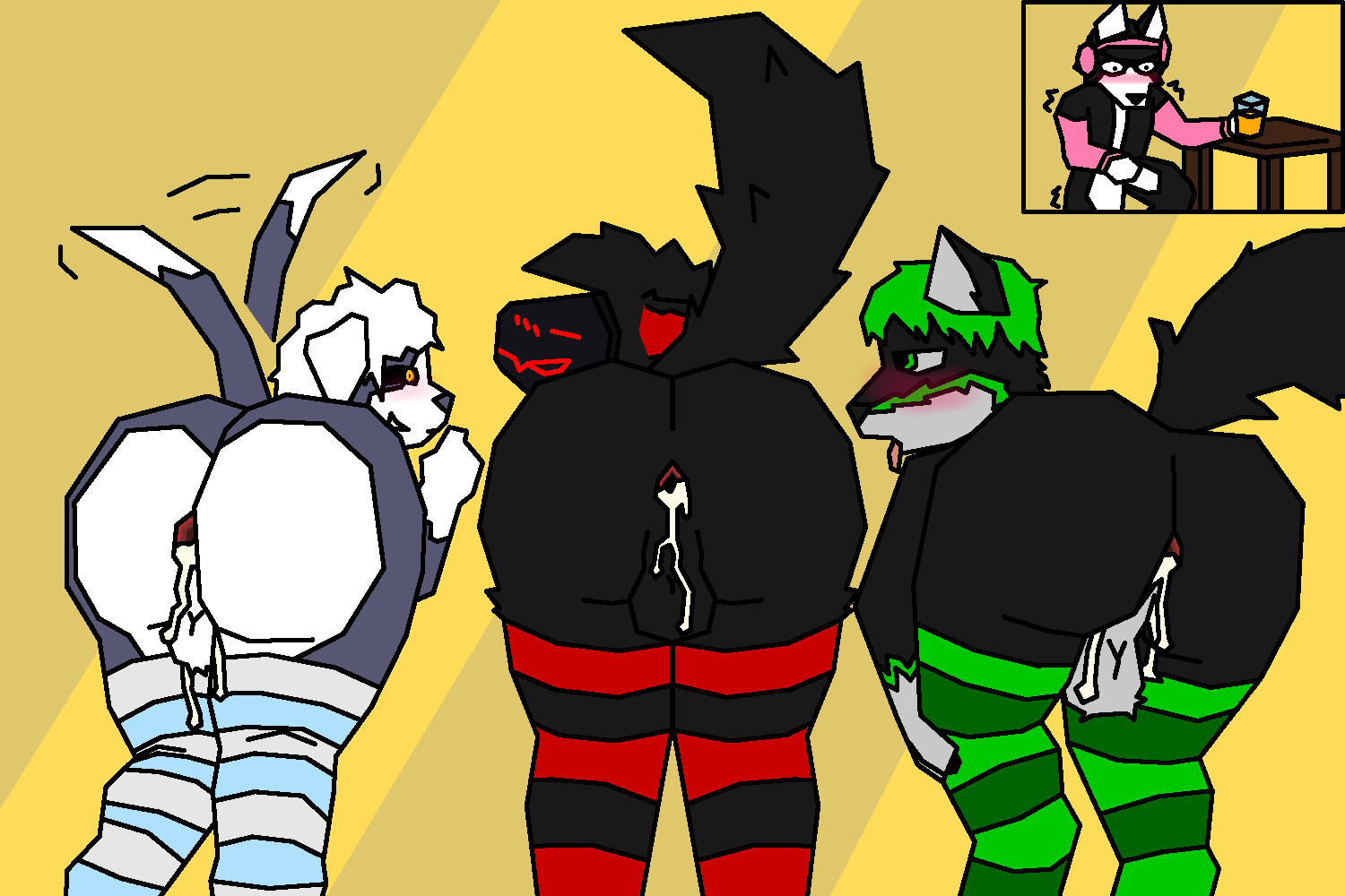 after_sex ahe_gao alkezite_(oddlypolygonalpittie) anthro anus ass balls bent_over big_butt black_body black_fur blush blushing_profusely bodily_fluids canid canine canis clothing cum cum_in_ass cum_inside digitigrade domestic_dog femboy femboy_only femboysub fox fur gaping gaping_anus genital_fluids genitals green_body green_eyes green_fur group hollow_eyes jacket legwear looking_pleasured machine male male/male male/male/male male_only mammal nude oddlypolygonalpittie pattern_clothing pattern_legwear pit_bull plantigrade presenting presenting_cum_inside presenting_hindquarters protogen red_body red_fur shaking smile smirk striped_clothing striped_legwear stripes tail tail_motion tailwag take_your_pick thick_thighs thigh_highs topwear trembling trio_focus white_body white_fur wide_hips wolf yellow_eyes