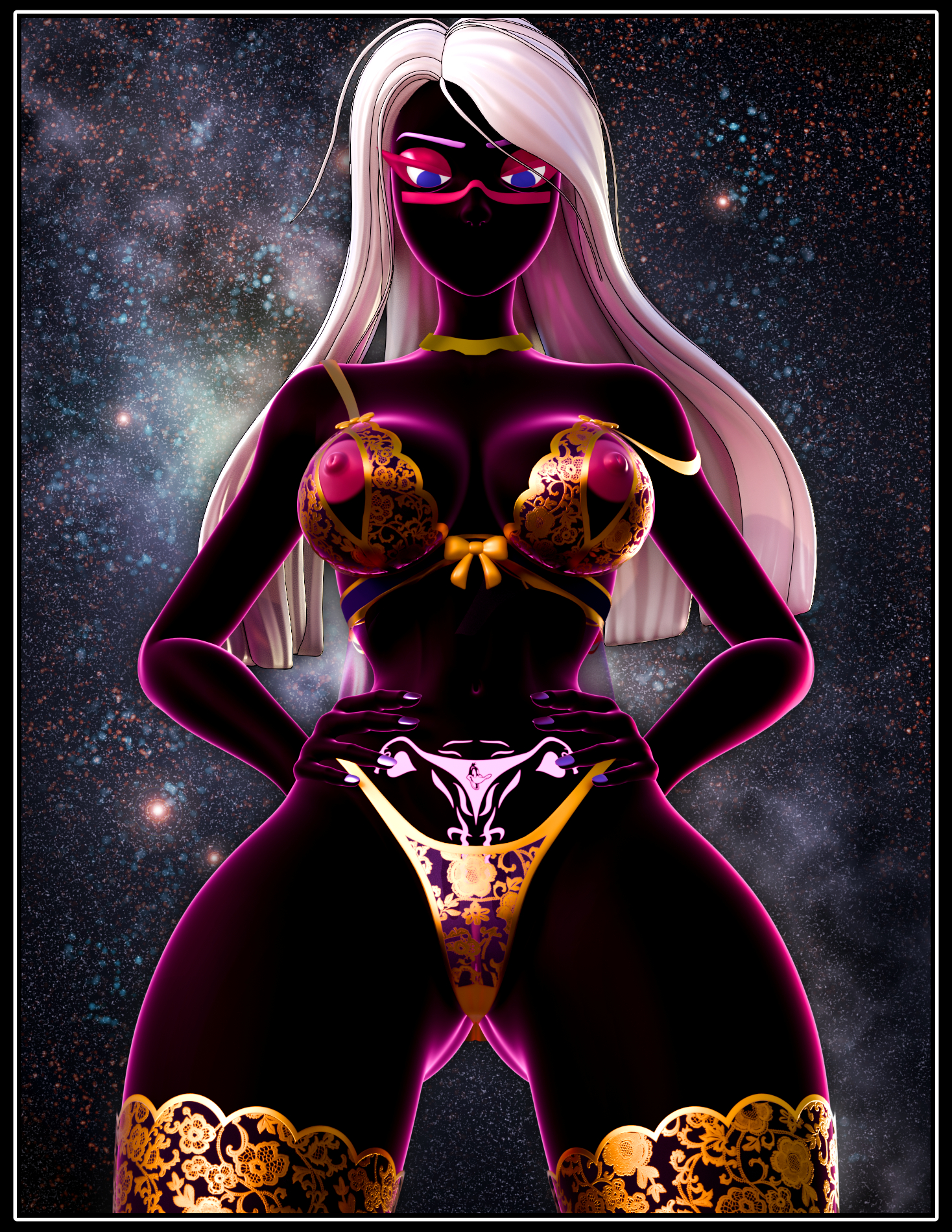 3d, alien, big breasts, black body, blender, breasts, cybrokrimson, duck dodgers, female, lingerie, martian, martian (duck dodgers), no mouth, pink nipples, queen tyr'ahnee, white hair
