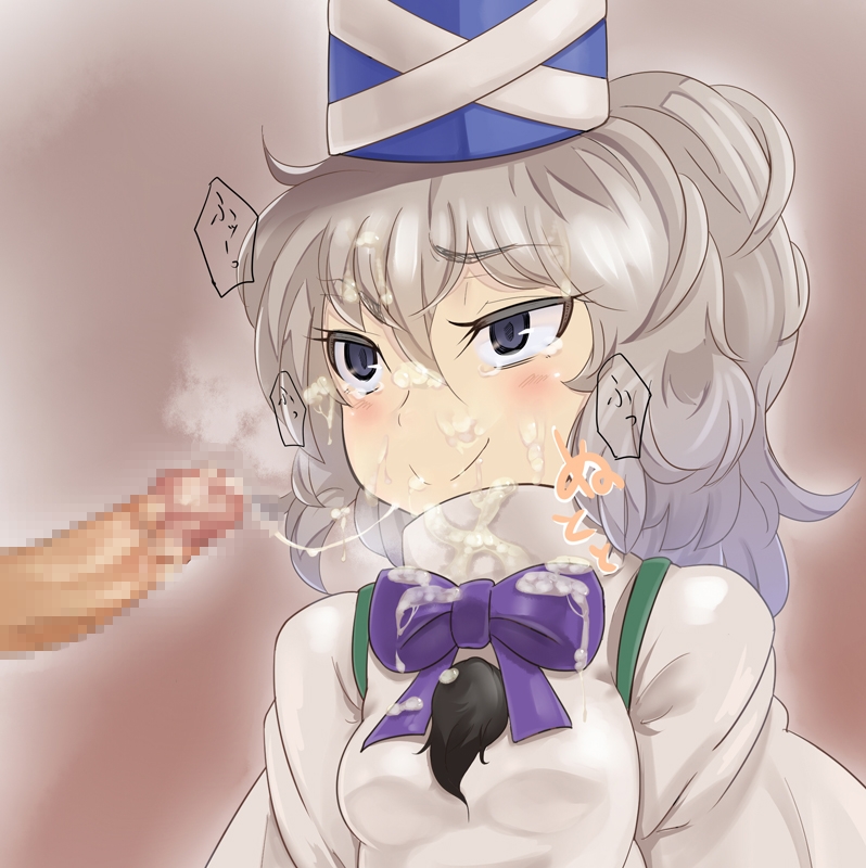 blush breasts censored cum cum_on_body cum_on_upper_body facial female grey_eyes hat japanese_clothes kariginu mononobe_no_futo penis ponytail short_hair silver_hair smile solo tate_eboshi tied_hair touhou