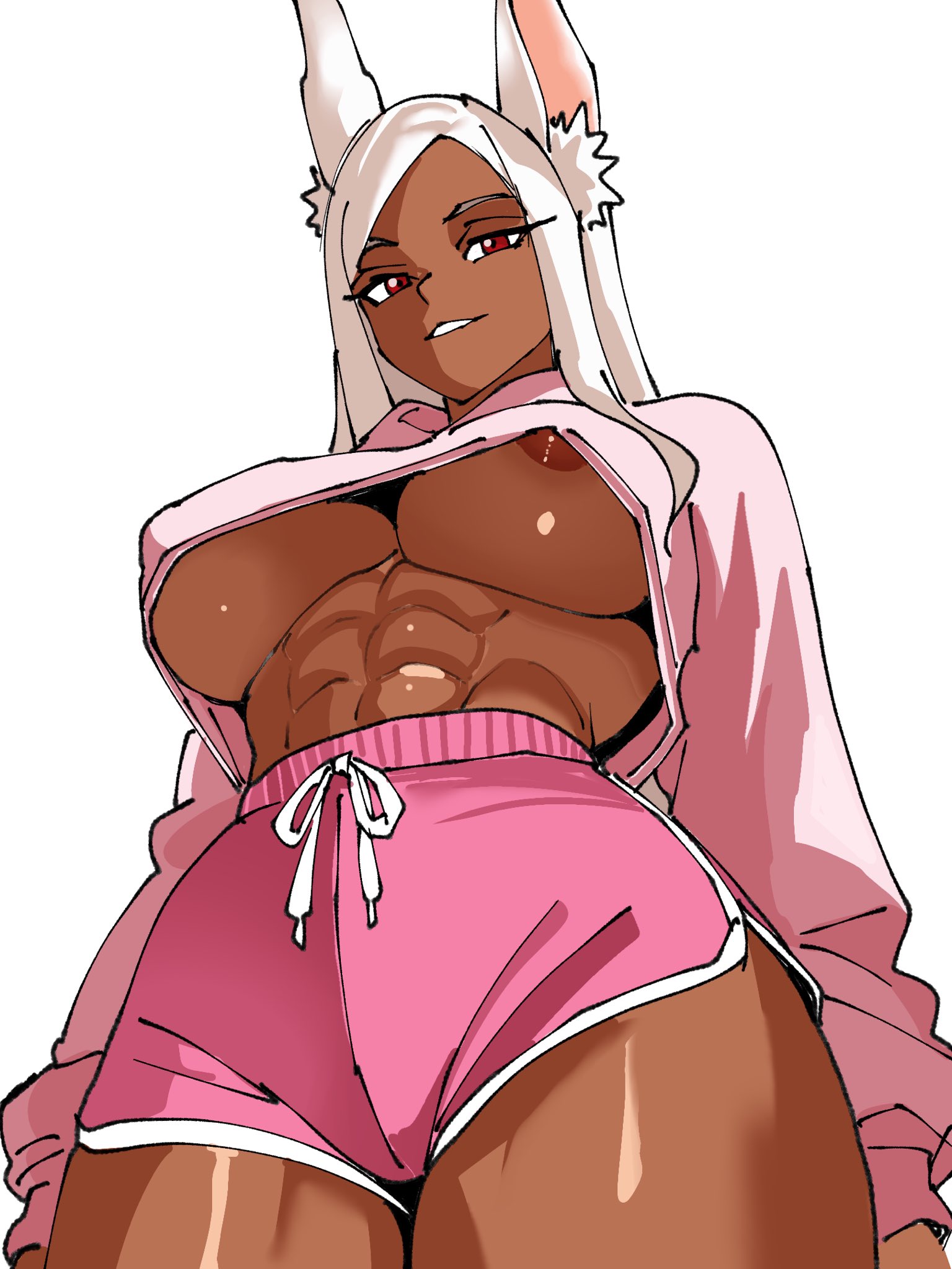 abs, animal ears, areola peek, areola slip, big breasts, boku no hero academia, breasts, bunny ears, bunny girl, captain tai, crop top, cropped hoodie, dark skin, dark-skinned female, dolphin shorts, female, from below, high-waist shorts, highres, hood, hoodie, large breasts, long eyelashes, long hair, looking at viewer, mirko, miruko, muscular, muscular female, my hero academia, parted bangs, parted lips, pink hoodie, pink shorts, rabbit ears, rabbit girl, red eyes, rumi usagiyama, shorts, simple background, smile, solo, solo female, thick thighs, thighs, underboob, white background, white hair