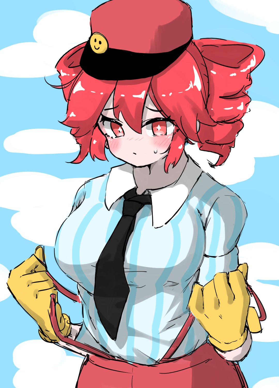 1girls, 2d, 2d (artwork), big breasts, blouse, blush, blush lines, breasts, clothed, clothed female, clothing, clouds, curvaceous, curvy, curvy female, curvy figure, embarrassed, embarrassed female, female, female only, fully clothed, gloves, hat, high waisted pants, high-waist pants, huge breasts, kasane teto, kasane teto (sv), large breasts, mesmerizer (vocaloid), mesmerizer teto, mv character, necktie, oshijuu748, pants, shirt, simple background, slim waist, solo, solo female, striped shirt, suspenders, sweat, sweating, synthesizer v, upper body, upper body focus, utau