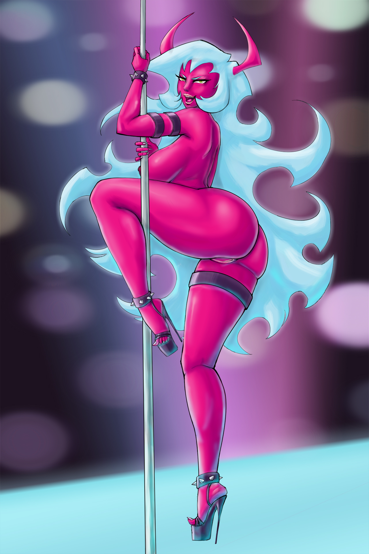 anus, armlet, ass, blue hair, breasts, colored, demon, demon girl, fangs, female, high heels, horns, large breasts, legoman, long hair, naked footwear, open mouth, panty & stocking with garterbelt, pole, pole dancing, pussy, red skin, scanty daemon, solo, soubriquetrouge, standing, thigh strap, wristband, yellow eyes