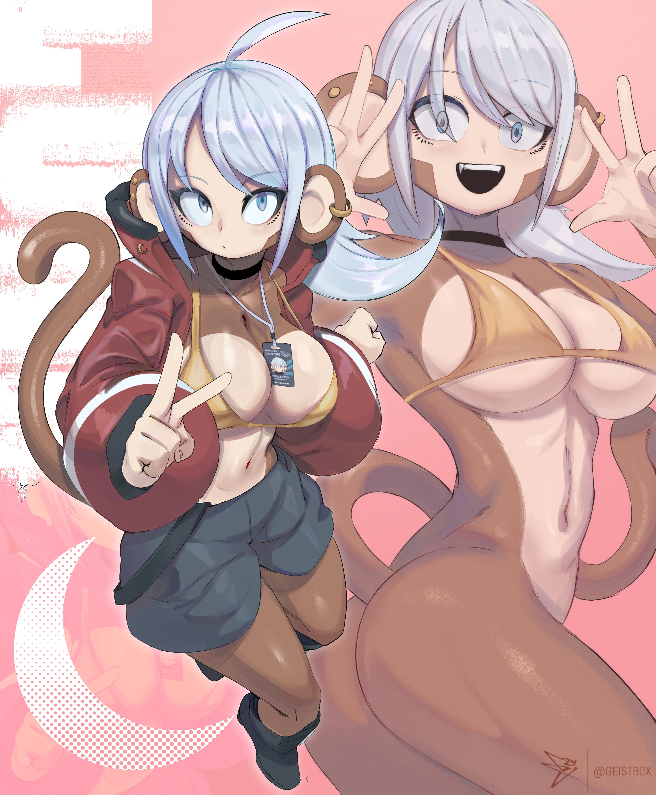 bikini, blue eyes, bottomless, breasts, card, choker, female, geistbox, haplorhine, jacket, large breasts, luna (geistbox), luna leroux (geistbox), monkey, monkey girl, original, original character, primate, shorts, white hair
