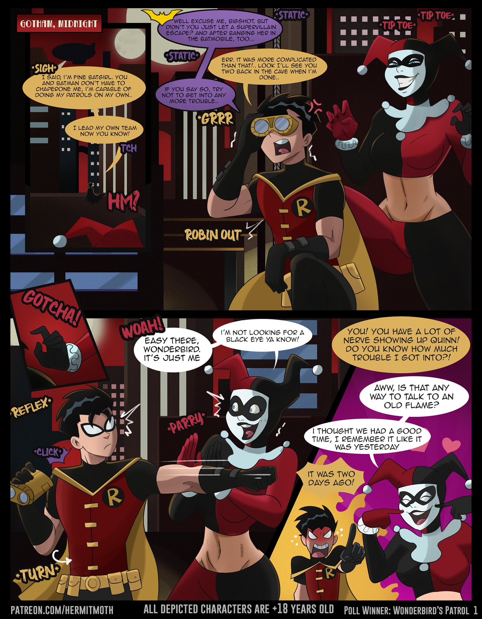 1boy, 1girls, ass, batman (series), batman: the animated series, big ass, big breasts, breasts, bust, busty, chest, comic, curvaceous, curvy, curvy figure, dc animated universe, dc comics, dick grayson, digital media (artwork), enemies, enemies with benefits, english text, female, gloves, harleen quinzel, harley quinn, harley quinn (classic), harley quinn (dcau), hermitmoth, hero and villain, hero and villainess, hips, hourglass figure, huge ass, huge breasts, large ass, large breasts, legs, light skin, light-skinned male, male, male/female, mature, mature female, older female, robin (dc), robin (dick grayson), slim waist, speech bubble, straight, teen titans, text, the new batman adventures, thick, thick hips, thick legs, thick thighs, thighs, voluptuous, waist, wide hips, younger male