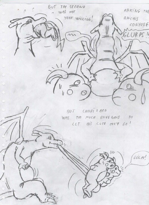 anthro belly big_belly bigbadbear caught charizard feet fleeing forced generation_1_pokemon glorp graphite_(artwork) group gulp_(sound_effect) male male/male multiple_prey nintendo oral_vore partially_inside pokemon pokemon_(species) prey_in_mouth raichu running struggling struggling_prey swallowing text traditional_media_(artwork) unwilling_prey vore