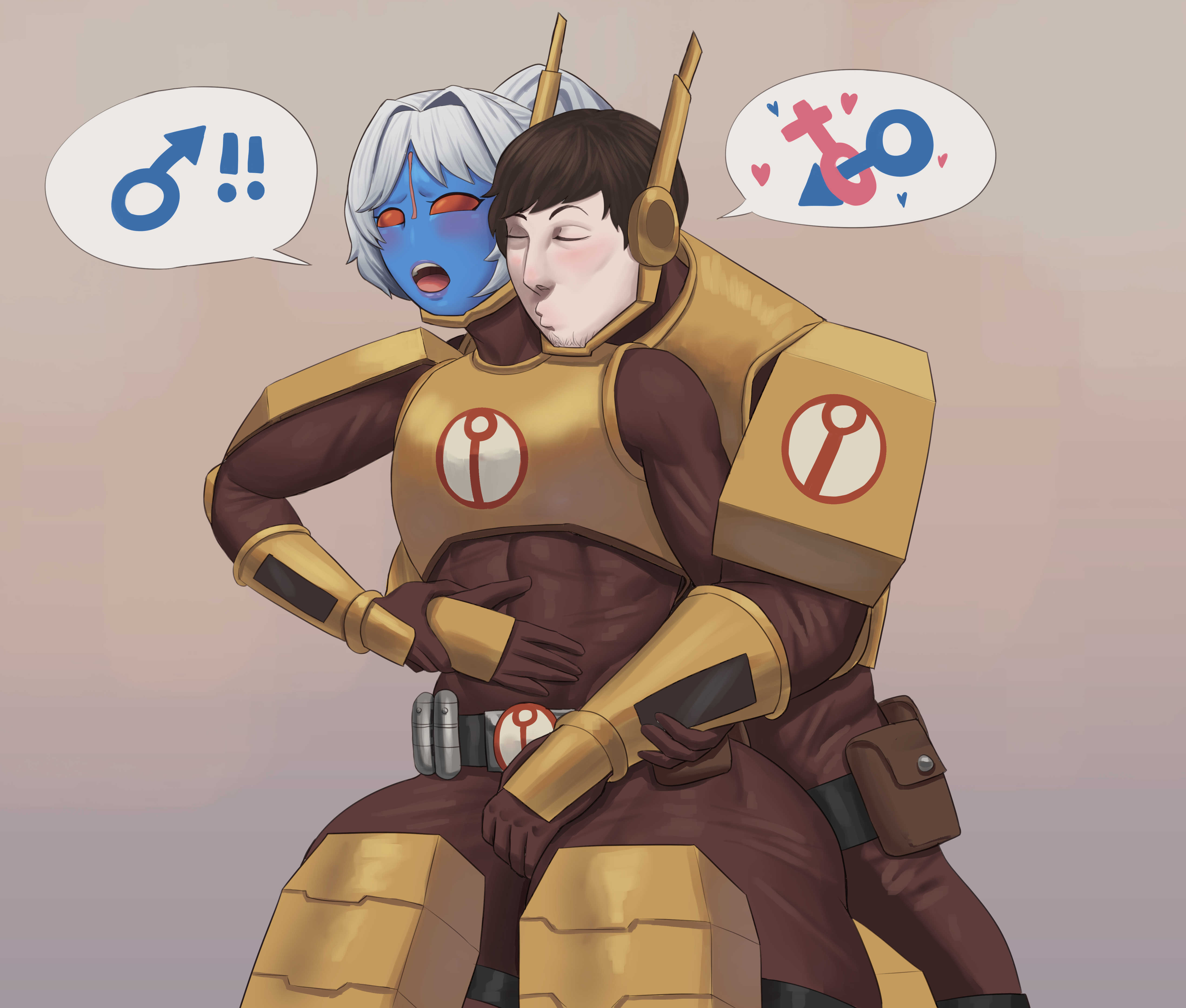 2boys, alien, alien boy, armor, blue skin, clothed male clothed male, femboy, games workshop, gay, goldcrustedchicken, groping, groping belly, groping crotch, groping from behind, groping through clothes, human, imminent interspecies, imminent interspecies sex, imminent sex, interspecies, male, male human/male alien, male only, otoko no ko, red eyes, tau, thick thighs, warhammer (franchise), warhammer 40k, wide hips, yaoi