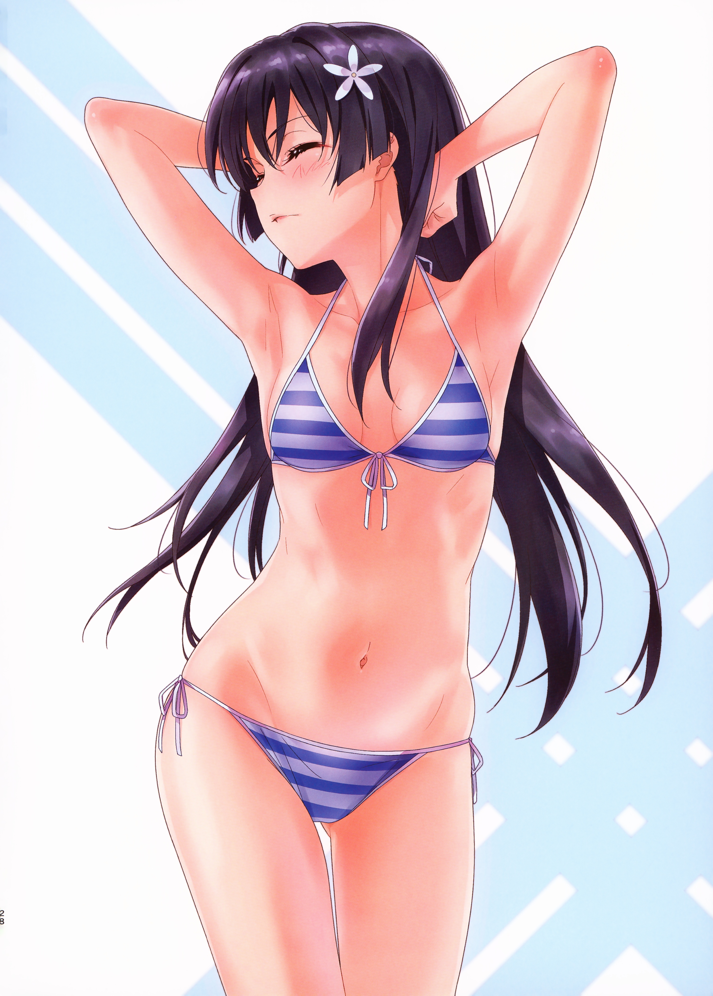 1girls, absurd res, armpits, arms behind head, arms up, bikini, black hair, blush, breasts, closed eyes, closed mouth, collarbone, female, flower, front-tie bikini top, front-tie top, gluteal fold, groin, hair flower, hair ornament, hi res, isshi pyuma, lips, long hair, medium breasts, navel, saten ruiko, scan, side-tie bikini bottom, small breasts, solo, stomach, stretching, striped bikini, striped clothes, swimsuit, teenage female, teenager, thigh gap, thighs, to aru kagaku no railgun, to aru majutsu no index, young
