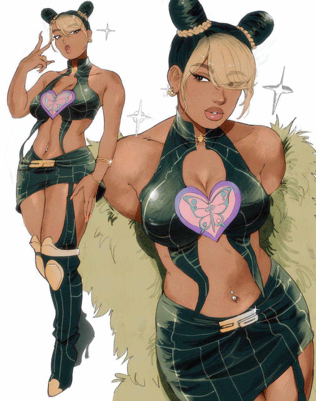1girls, african american, belly piercing, black, black female, black girl, cosplay, costume, crossover, female, giganticbuddha, jojo's bizarre adventure, jolyne kujo, jolyne kujo (cosplay), megan thee stallion, real person, shounen jump, solo, sparkles, stone ocean, tomboy