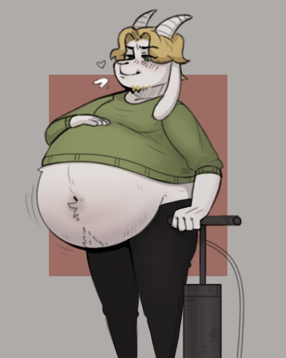 anal anthro asriel_dreemurr belly belly_inflation belly_overhang belly_tuft bicycle_pump big_belly blonde_hair body_hair bottomwear bovid caprine clothing facial_hair fur goat goatee green_clothing green_shirt green_topwear hair hand_on_belly happy_trail heart_symbol hi_res horn hose hose_inflation inflated_belly inflation male male_only mammal midriff motion_lines outgrown_clothes pants shirt sodiux solo stubble tight_clothing tight_shirt tight_topwear topwear tube_in_ass tuft undertale undertale_(series) white_body white_fur