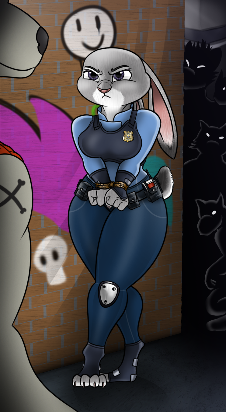 angry anthro armor badge belt bondage bondage bottomwear bound brick_wall clothing criminal disney european_rabbit female fur goons graffiti group hi_res judy_hopps knee_pads lagomorph leporid lovemummification male mammal oryctolagus pants police police_officer police_uniform pouches rabbit rabbit_ears rope uniform wall_(structure) zootopia