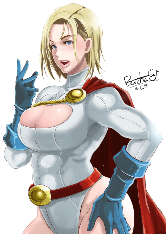 1girls, abs, belt, blonde hair, blue eyes, butcha-u, cape, cleavage, cleavage cutout, dc, dc comics, eroquis, female, gloves, kara zor-l, karen starr, leotard, muscular, muscular female, power girl, short hair, solo, standing, superman (series), text, watermark