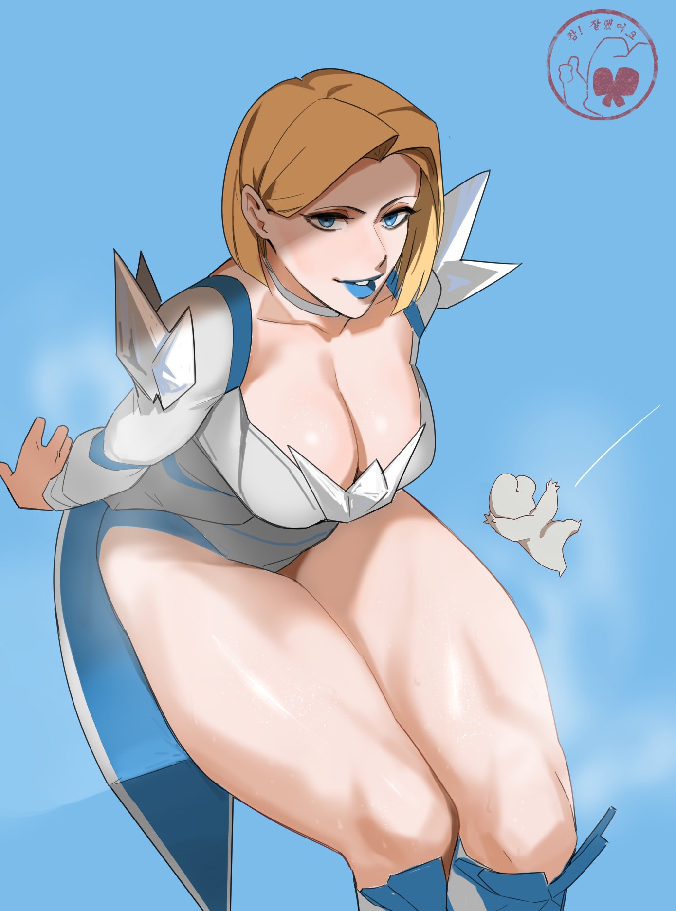 1girls, big breasts, big hips, blonde female, blonde hair, blue eyes, blue lipstick, blue nails, bob cut, bodysuit, breasts, busty, choker, cleavage, clothed, curvy, curvy figure, earrings, emma frost, emma frost (marvel rivals), eyelashes, female, female only, front view, hair behind ear, hong doo, huge hips, huge thighs, knees, large breasts, legs, legs together, light skin, light-skinned female, lips, lipstick, looking at viewer, makeup, marvel, marvel comics, marvel rivals, mature, mature female, medium breasts, medium hair, milf, short hair, sitting, slightly open mouth, smile, smiling at viewer, solo, solo female, standing, thick, thick legs, thick thighs, thighs, video game, video game character, video games, wide hips, x-men