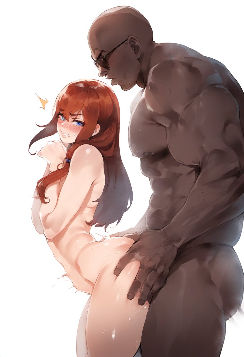 1boy, 1girls, ai generated, artist request, big hands, blush, dark skin, dark-skinned male, doggy style, female, interracial, makise kurisu, male, red hair, sex, size difference, steins;gate, sunglasses, white body