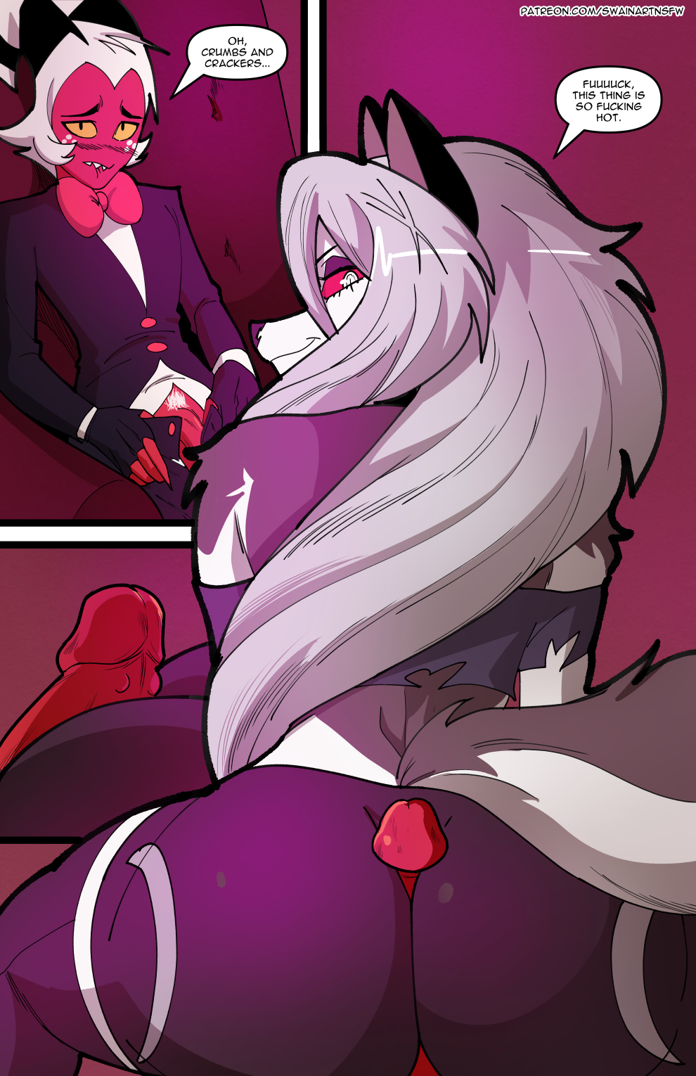 2025, anthro, ass, assjob, bite, biting lip, biting own lip, black nose, bodily fluids, bottomwear, buttjob, canid, canid demon, canine, claws, clothed, clothed anthro, clothed female, clothed humanoid, clothing, collar, comic, covered assjob, covered buttjob, crop top, demon, dialogue, digital media (artwork), duo, english text, female, fur, furniture, genitals, grey body, grey fur, grey hair, hair, hellhound, helluva boss, hi res, horn, hot dogging, humanoid, humanoid on anthro, imp, long hair, loona (helluva boss), male, male/female, mammal, moxxie (helluva boss), multicolored body, multicolored fur, multiple scenes, mythological canine, mythological creature, mythology, open bottomwear, open clothing, open pants, pants, penis, red body, red sclera, red skin, self bite, sex, shirt, shorts, sitting, smile, spiked collar, spikes, suit, swain (artist), tail, text, topwear, two-tone body, two-tone fur, url, white body, white fur, white hair