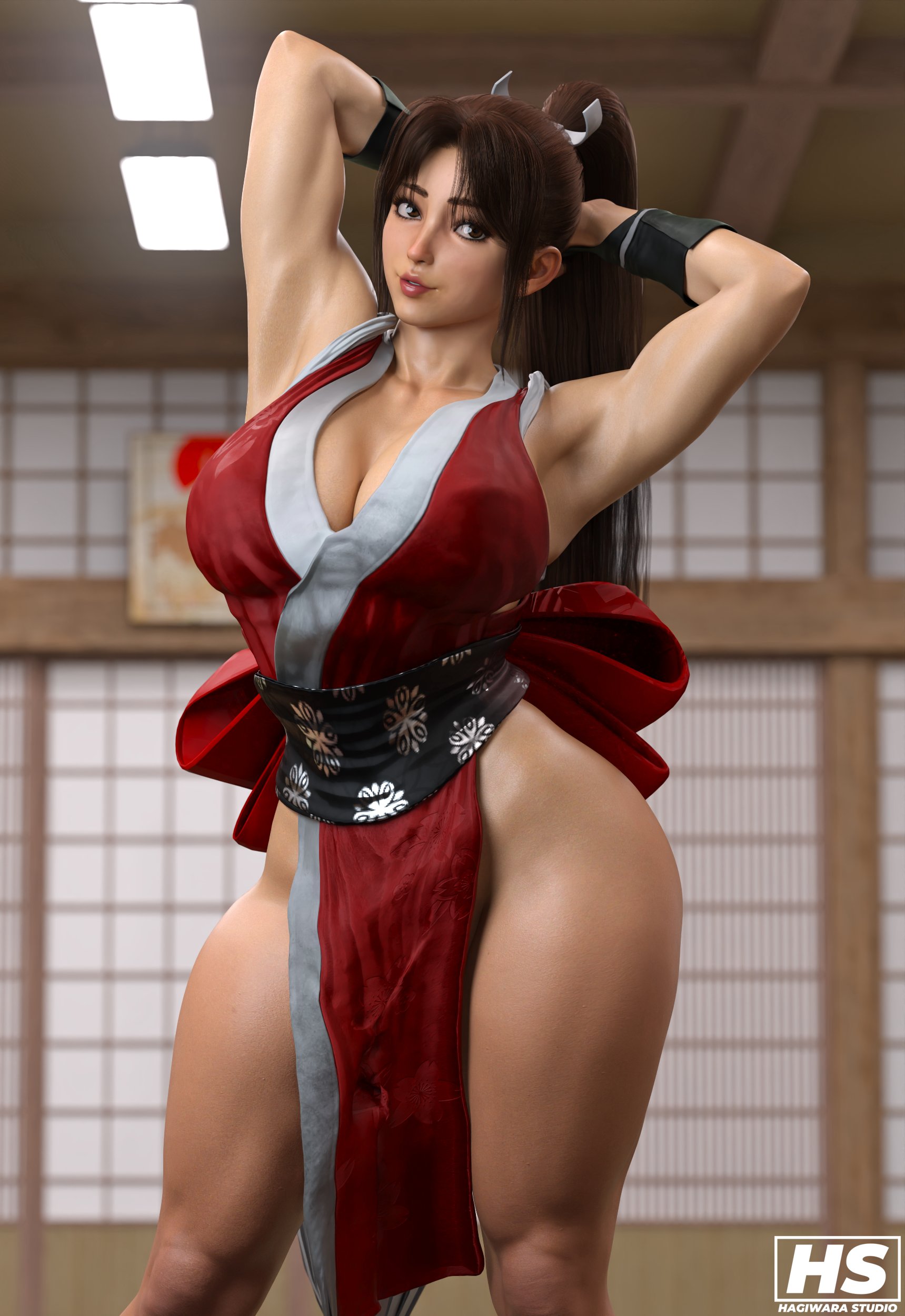 1girls, 3d, ass, big ass, big breasts, breasts, cleavage, dead or alive, fatal fury, female, female only, hagiwara studio, king of fighters, mai shiranui, mai shiranui (street fighter 6), solo, street fighter, street fighter 6, thick thighs, voluptuous, voluptuous female