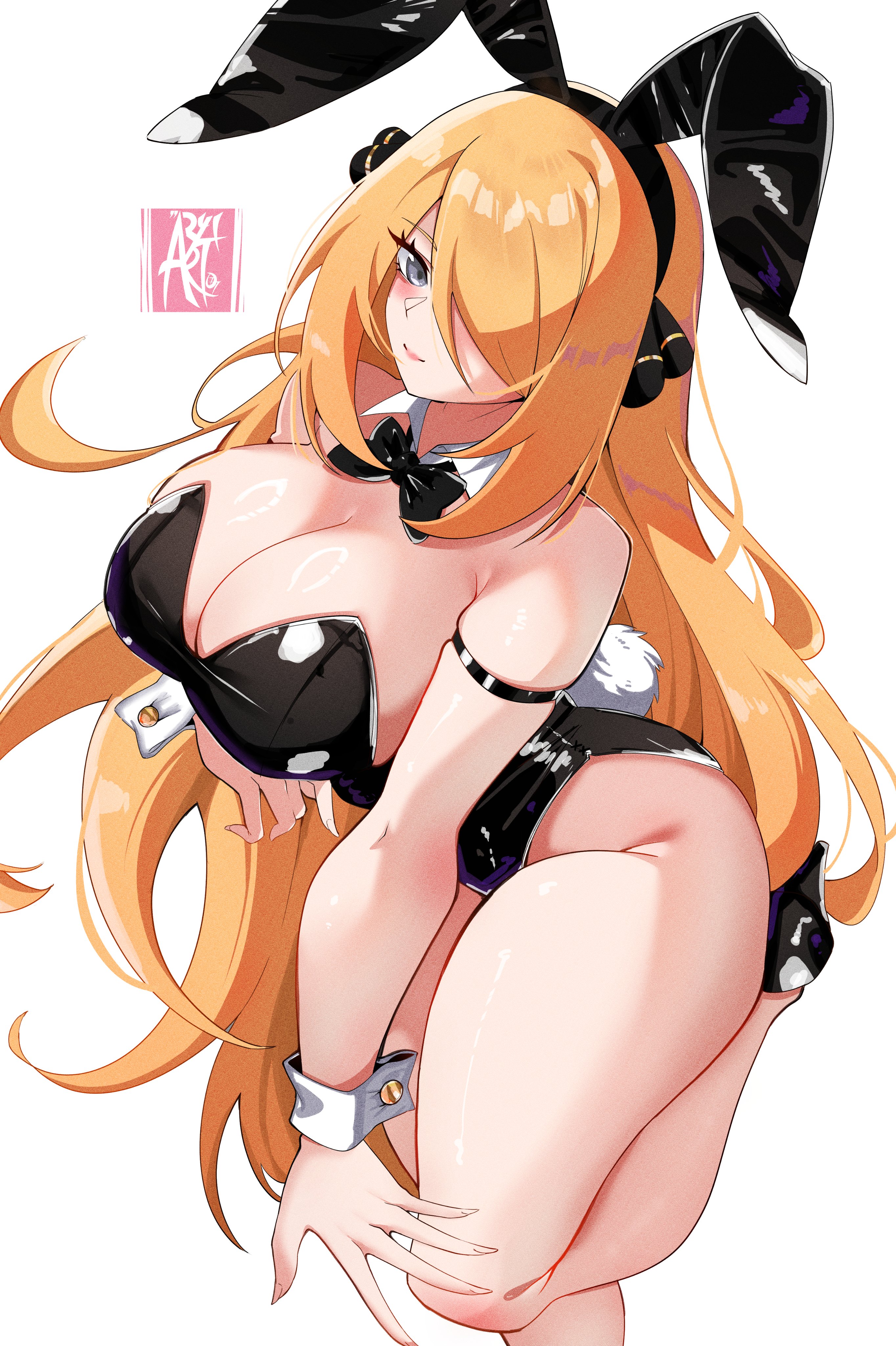 1girls, absurdres, alternate breast size, animal ears, aryi077, black leotard, blonde hair, blue eyes, blush, breasts, cleavage, cynthia (pokemon), fake animal ears, fake tail, female, highres, large breasts, leotard, long hair, playboy bunny, pokemon, pokemon dppt, rabbit ears, rabbit tail, simple background, solo, standing, standing on one leg, strapless, strapless leotard, tail, white background