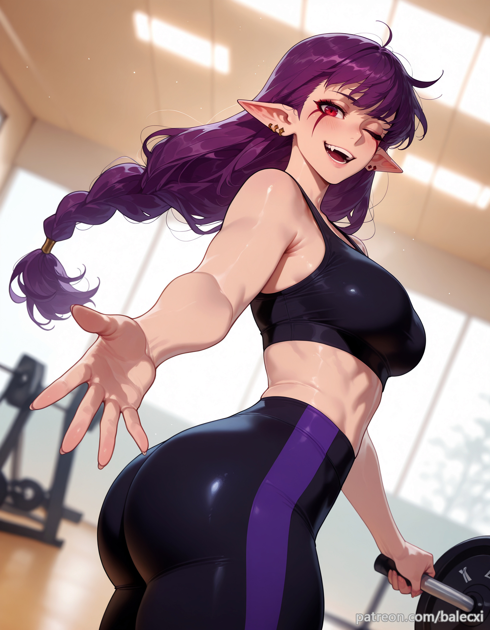 ai generated, ass, balecxi, black sports bra, braid, braided ponytail, breasts, earrings, esil radiru, female, gym, long hair, looking at viewer, one eye closed, open mouth, pointy ears, purple hair, red eyes, smile, solo, solo leveling, sports bra, yoga pants