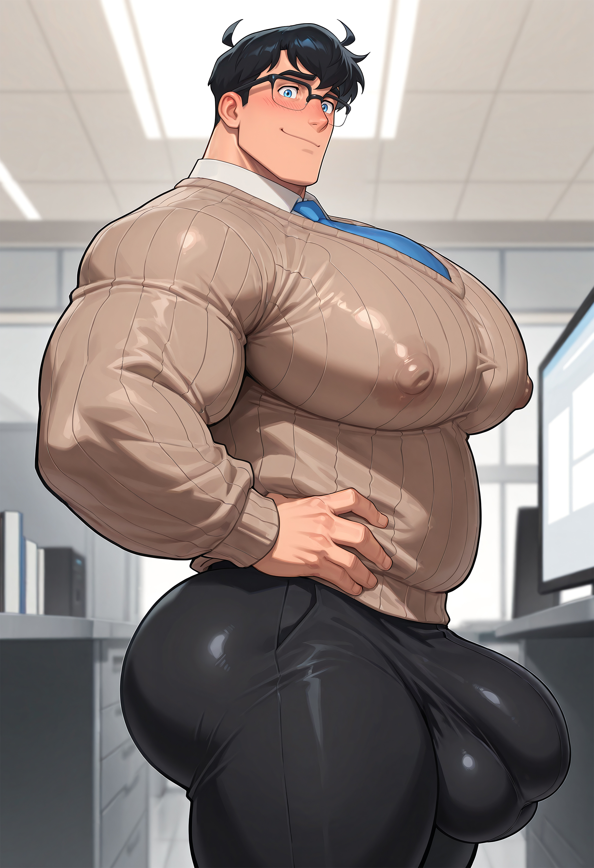 ai, ai generated, bara, breasts, busty, busty male, clark kent, clark kent (my adventures with superman), gay, male, male only, male with breasts, moobs, muscular, muscular chest, muscular male, my adventures with superman, osupp-ai, superman, superman (clark kent), superman (series), yaoi