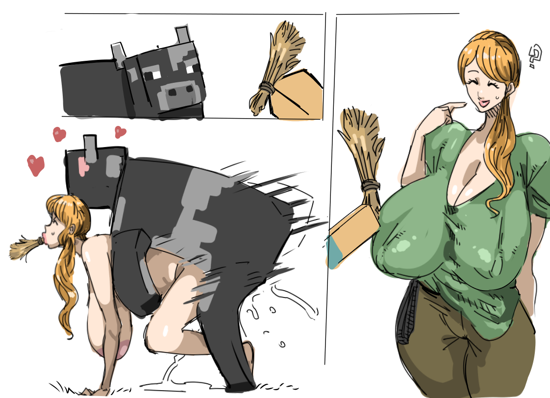 :o, ?, 1boy, alex (minecraft), all fours, anus, bestiality, big breasts, bovine, breasts, breeding, chubby, chubby female, closed eyes, closed eyes smile, completely nude, cow, cow ears, cow horns, cow print, cum, cum in pussy, cum inside, embarrassed, female, heart, huge breasts, kandenki, long hair, male, male/female, minecraft, nude, open mouth, orange hair, penetration, ponytail, pussy, sex, sex from behind, simple background, sweat, vaginal, vaginal insertion, vaginal penetration, vaginal sex, white background, zoophilia