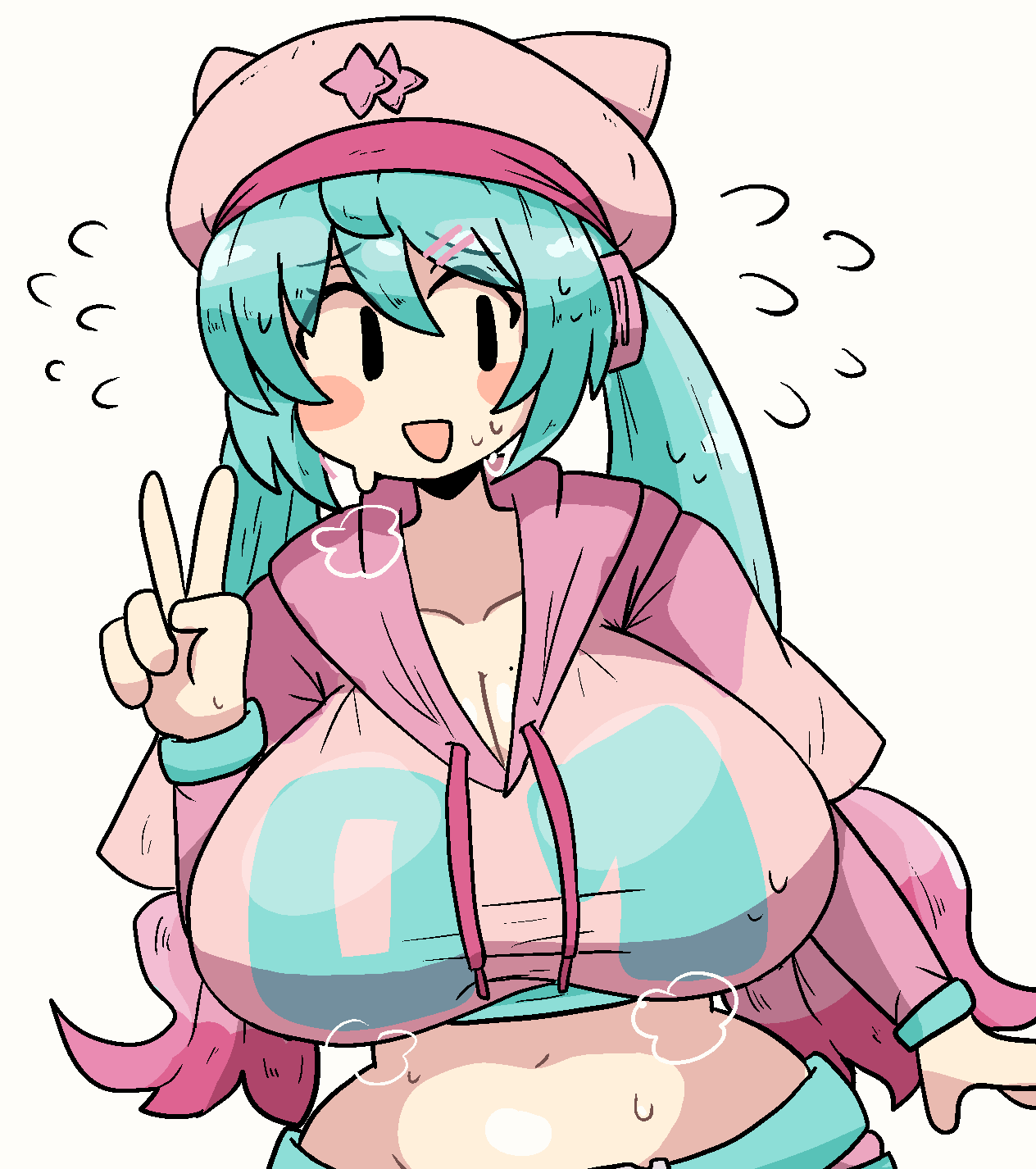 1girls big_breasts blue_hair breasts cleavage clothed_female fortnite hat hatsune_miku hatsune_miku_(fortnite) hoodie mob_face mole_on_breast notnoe_(dxcl) peace_sign solo solo_female sweat sweaty_body twintails vocaloid white_background