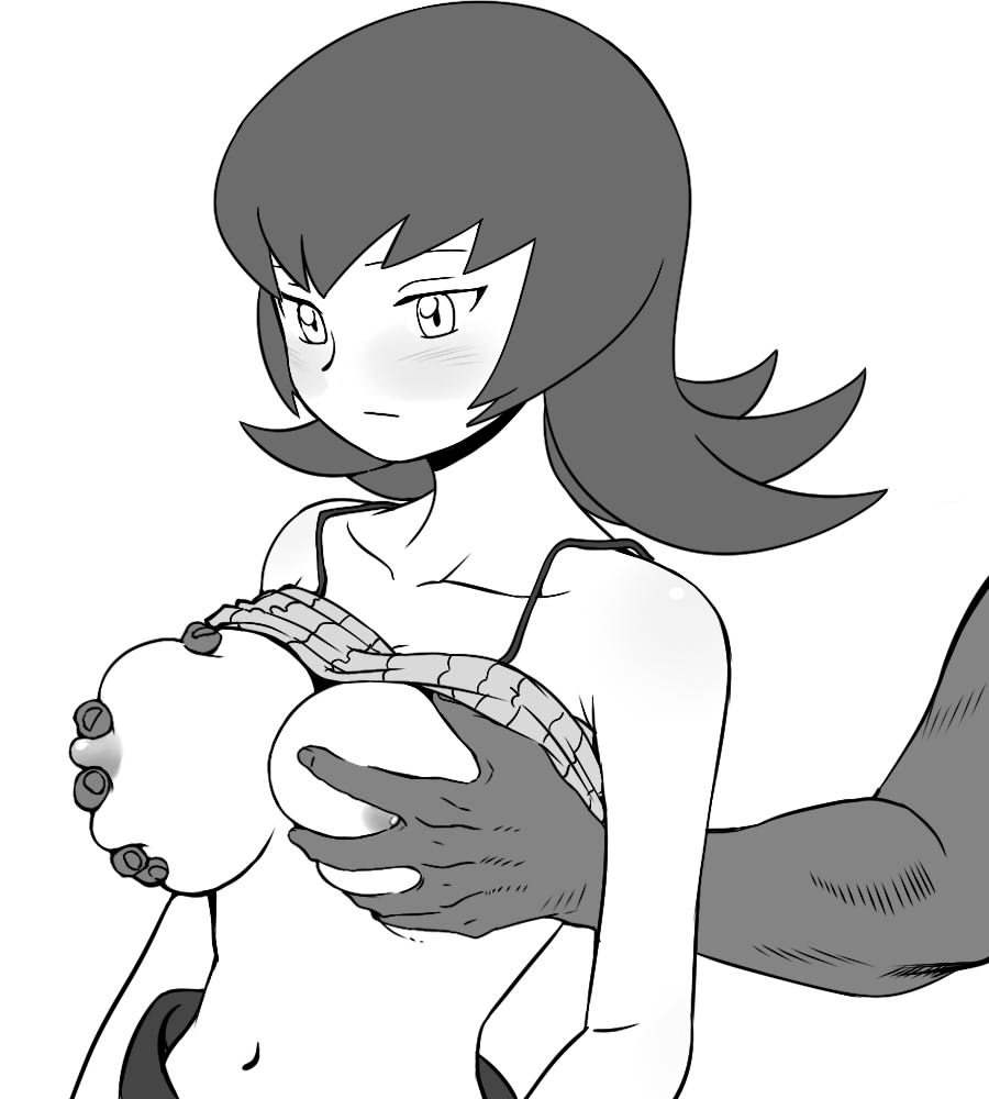 blush breast_grab breasts female gooberman gym_leader human male monochrome nipples peanutman pokemon pokemon_hgss pokemon_rgby sabrina_(pokemon) sabrina_(pokemon_hgss) straight