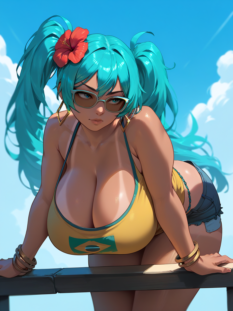 ai_generated aqua_eyes aqua_hair big_breasts brazilian_miku breasts cleavage flower flower_in_hair glases glasses hatsune_miku long_hair sunglasses tan_body tan_skin tanline twintails vocaloid voluptuous voluptuous_female