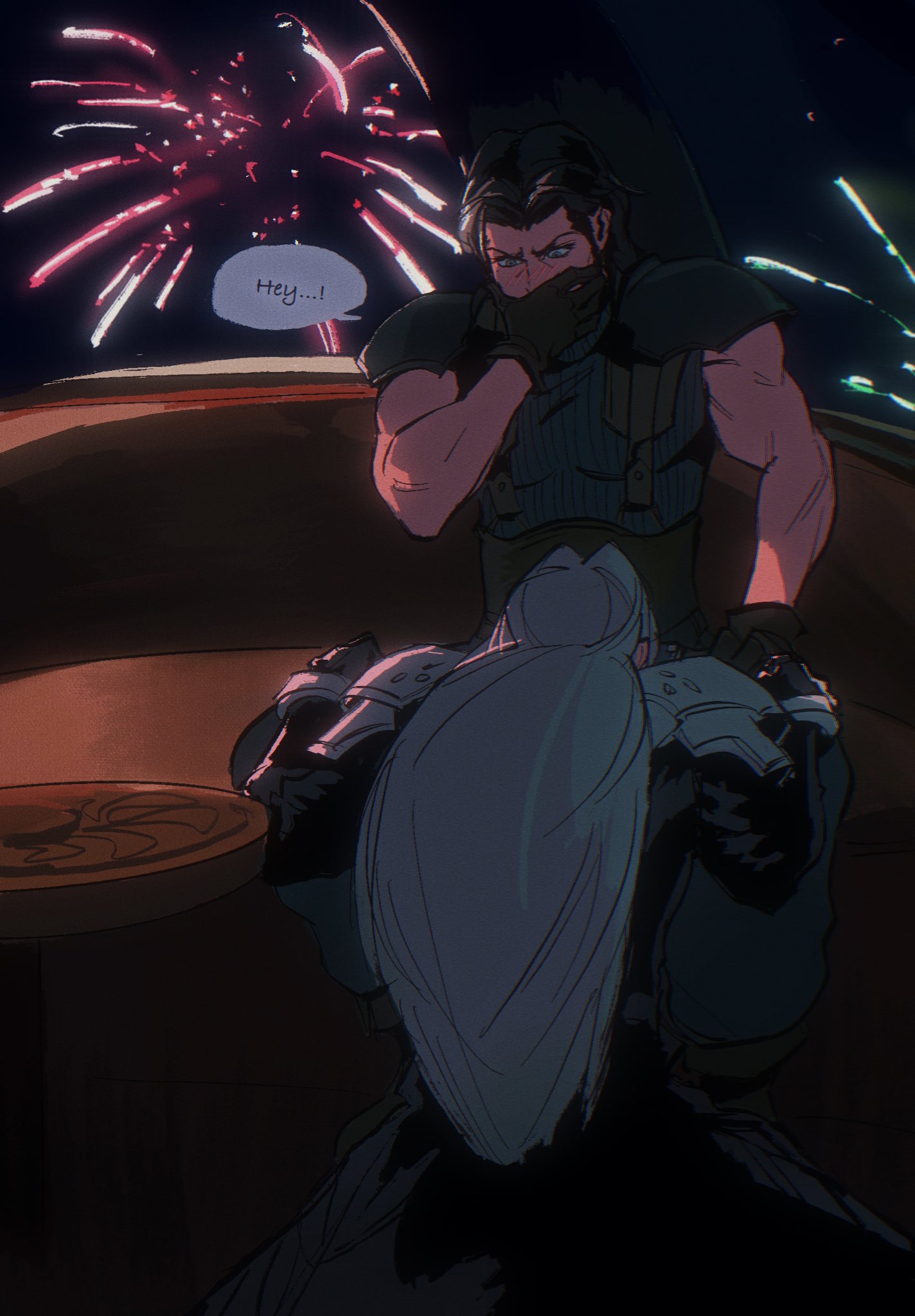 2boys angeal_hewley armor between_legs black_gloves black_hair cornbaijin18605 covering_own_mouth english_commentary english_text fellatio final_fantasy final_fantasy_vii final_fantasy_vii_remake fireworks gloves grey_hair highres kneeling long_hair male_focus multiple_boys oral pauldrons sephiroth short_hair shoulder_armor sitting speech_bubble suspenders yaoi