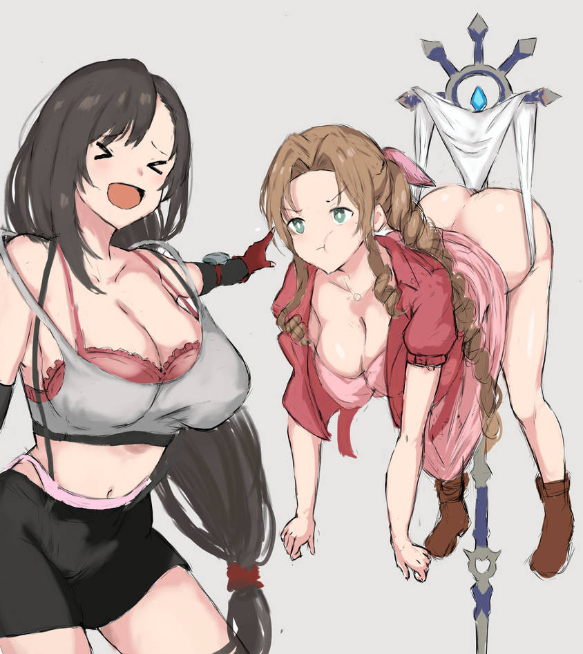 2girls aerith_gainsborough ass black_hair boots bra breasts brown_hair cleavage dress dress_up final_fantasy green_eyes hanging_wedgie laughing navel open_mouth panties panty_pull pout tifa_lockhart wedgie white_panties