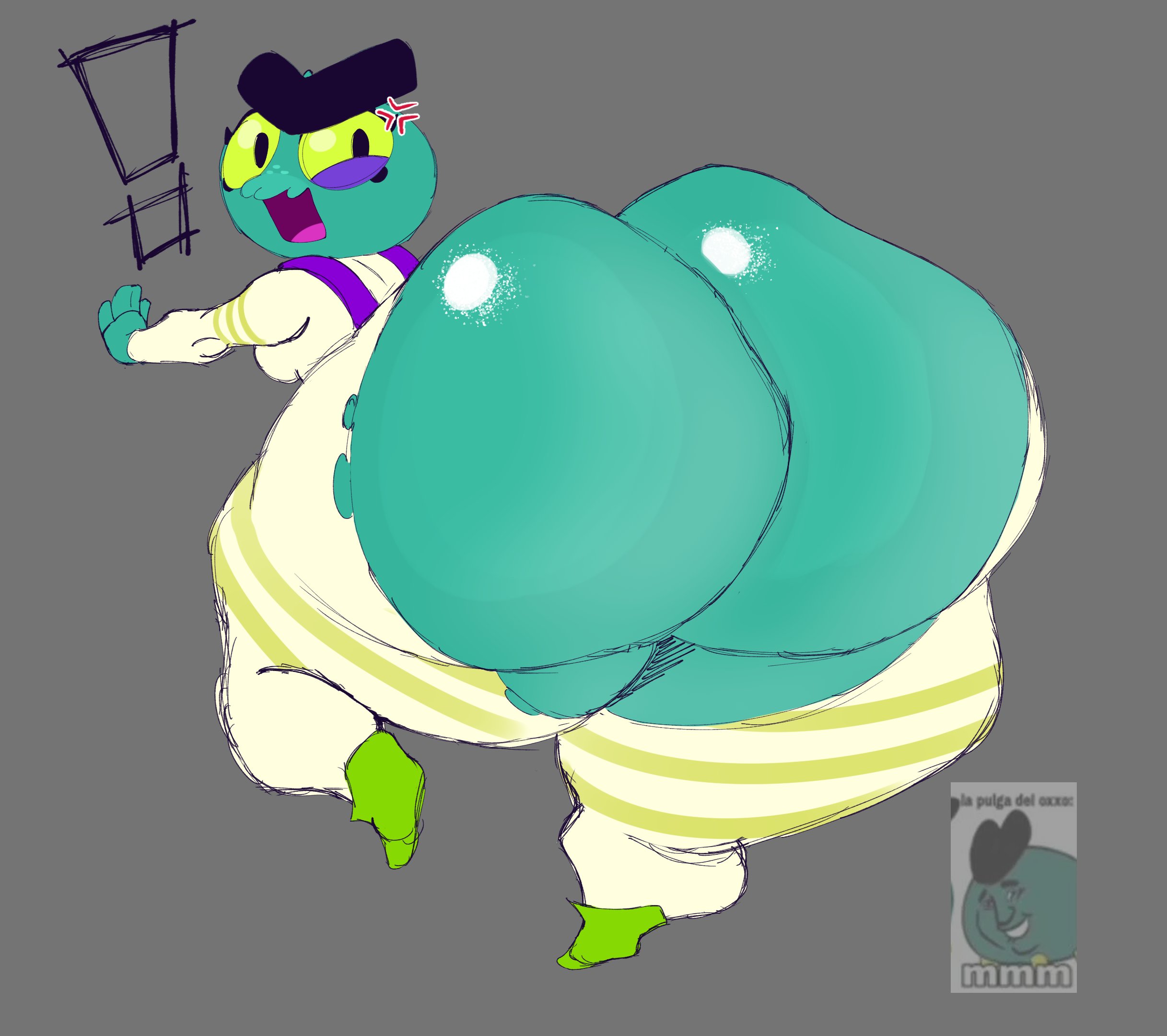 1girls, absurd res, angry, anthro, ass, ass focus, big ass, brawl stars, bubble ass, bubble butt, eve (brawl stars), female, green body, green skin, hi res, hyper ass, justelm25, looking at viewer, ripped clothing, solo