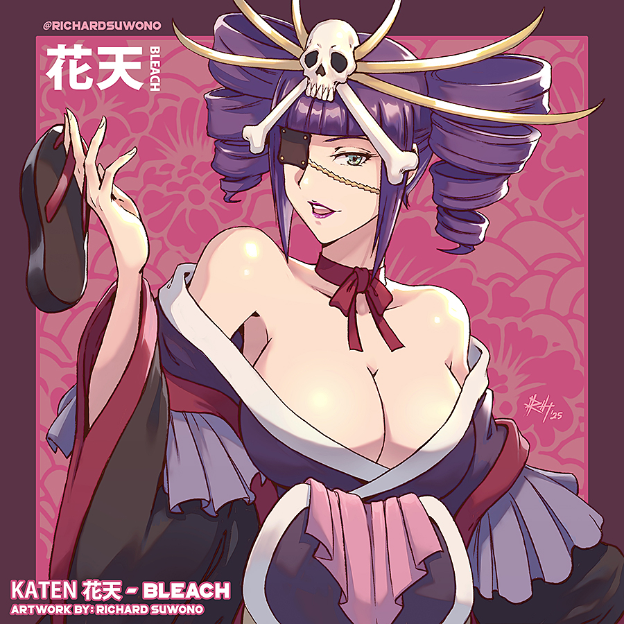 1girls big_breasts bleach bleach:_the_thousand-year_blood_war breast_focus breasts busty cleavage curvy exposed_shoulders eyepatch female female_only huge_breasts katen_kyoukotsu kimono kimono_pull lipstick mature_female one_eye_obstructed purple_hair richardsuwono shoulders skull_and_crossbones solo twintails zanpakutou_spirit